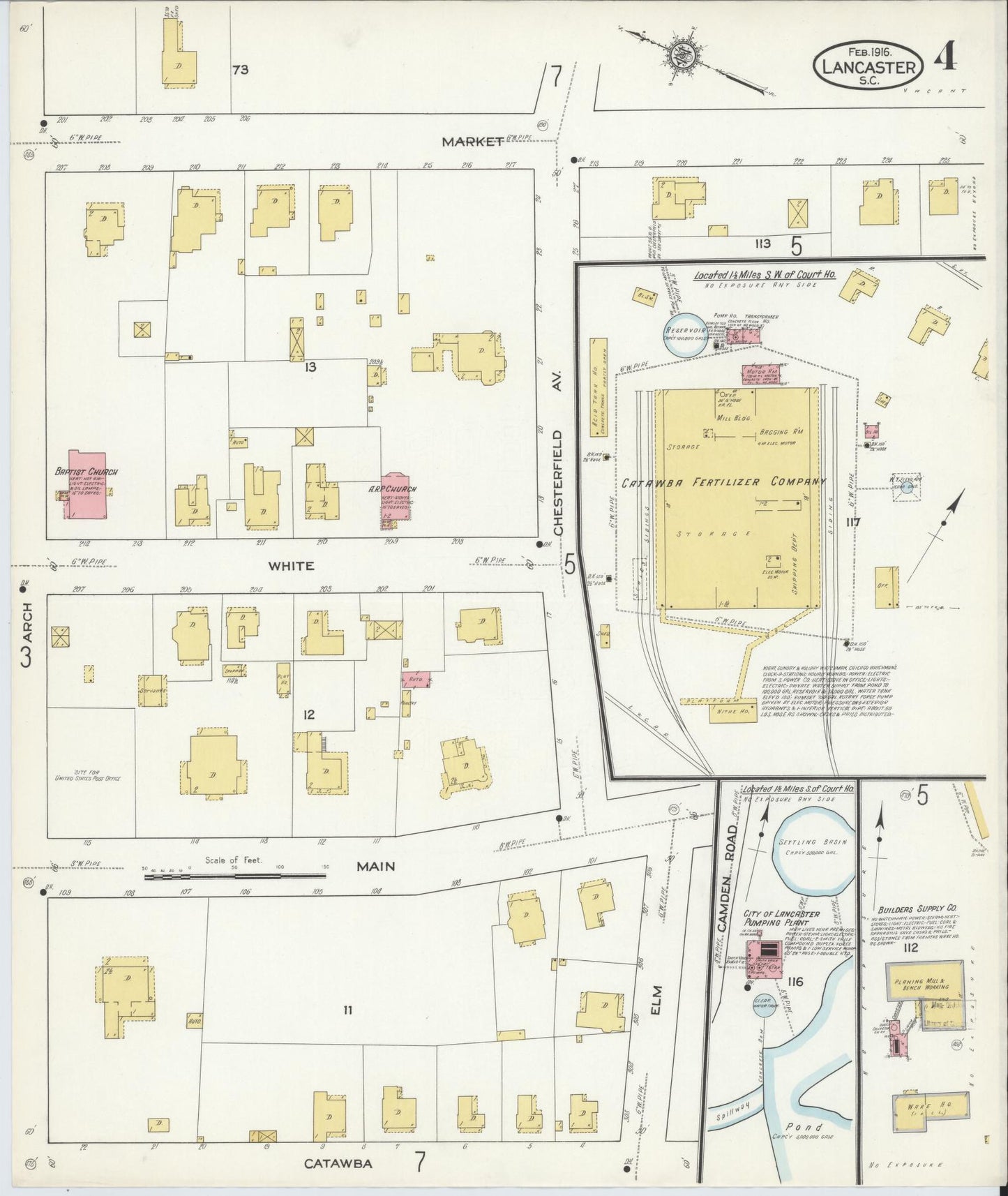 Sanborn Fire Insurance Map from Lancaster, Lancaster County, South Carolina (1916), Sheet #0004 - Complete Map Set gallery image, historic Sanborn map, vintage wall art, South Carolina South Carolina