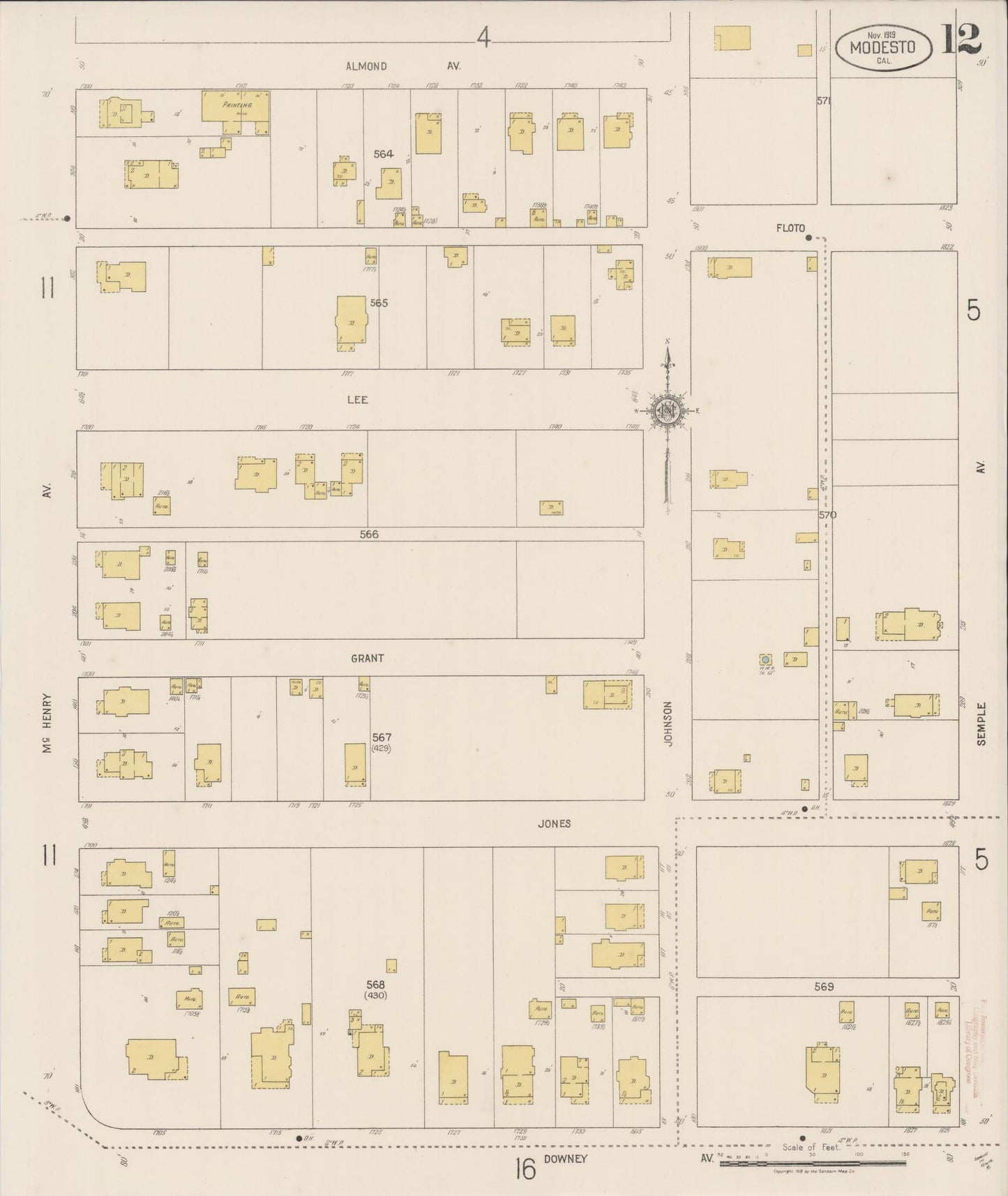 Sanborn Fire Insurance Map from Modesto, Stanislaus County, California (1919), Sheet #0012 - Complete Map Set gallery image, historic Sanborn map, vintage wall art, California California