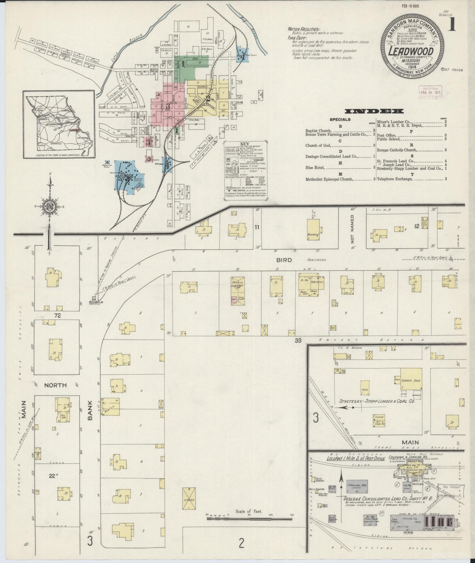 Sanborn Fire Insurance Map from Leadwood, Saint Francois County, Missouri (1914), Sheet #0001 - Historic Sanborn Fire Insurance Map Print, vintage old map wall art, antique decor, genealogy gift, Missouri Missouri map