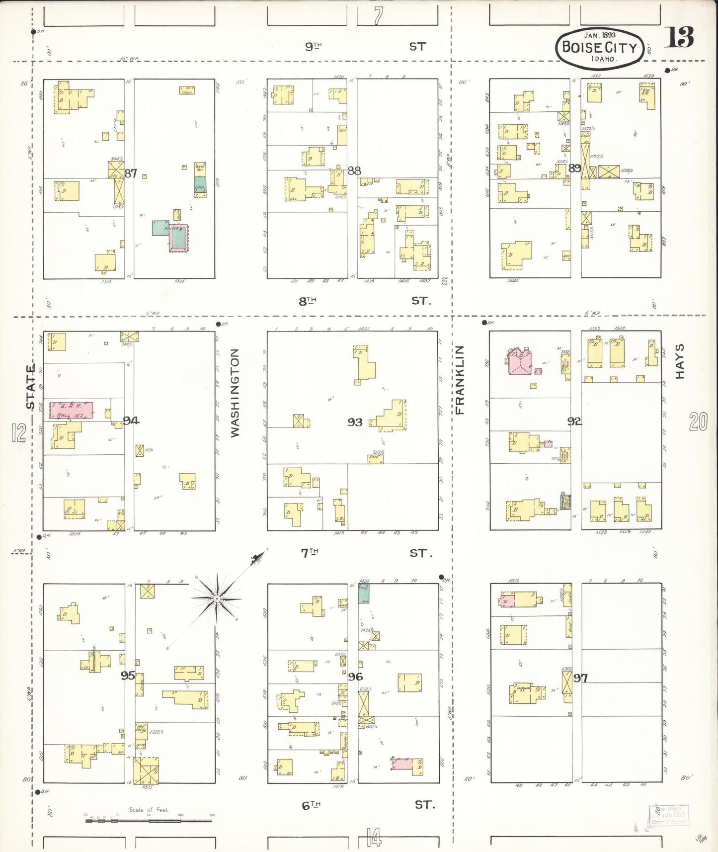 Sanborn Fire Insurance Map from Boise, Ada County, Idaho (1893), Sheet #0013 - Complete Map Set gallery image, historic Sanborn map, vintage wall art, Idaho Idaho