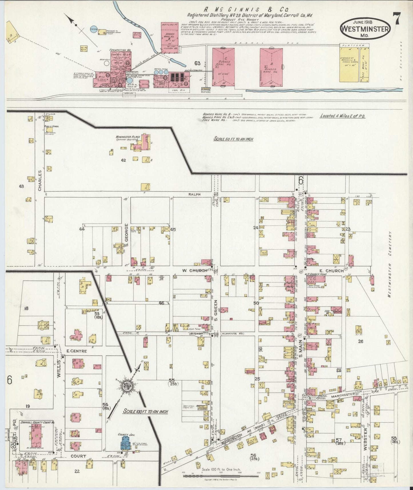 Sanborn Fire Insurance Map from Westminster, Carroll County, Maryland (1918), Sheet #0007 - Complete Map Set gallery image, historic Sanborn map, vintage wall art, Maryland Maryland