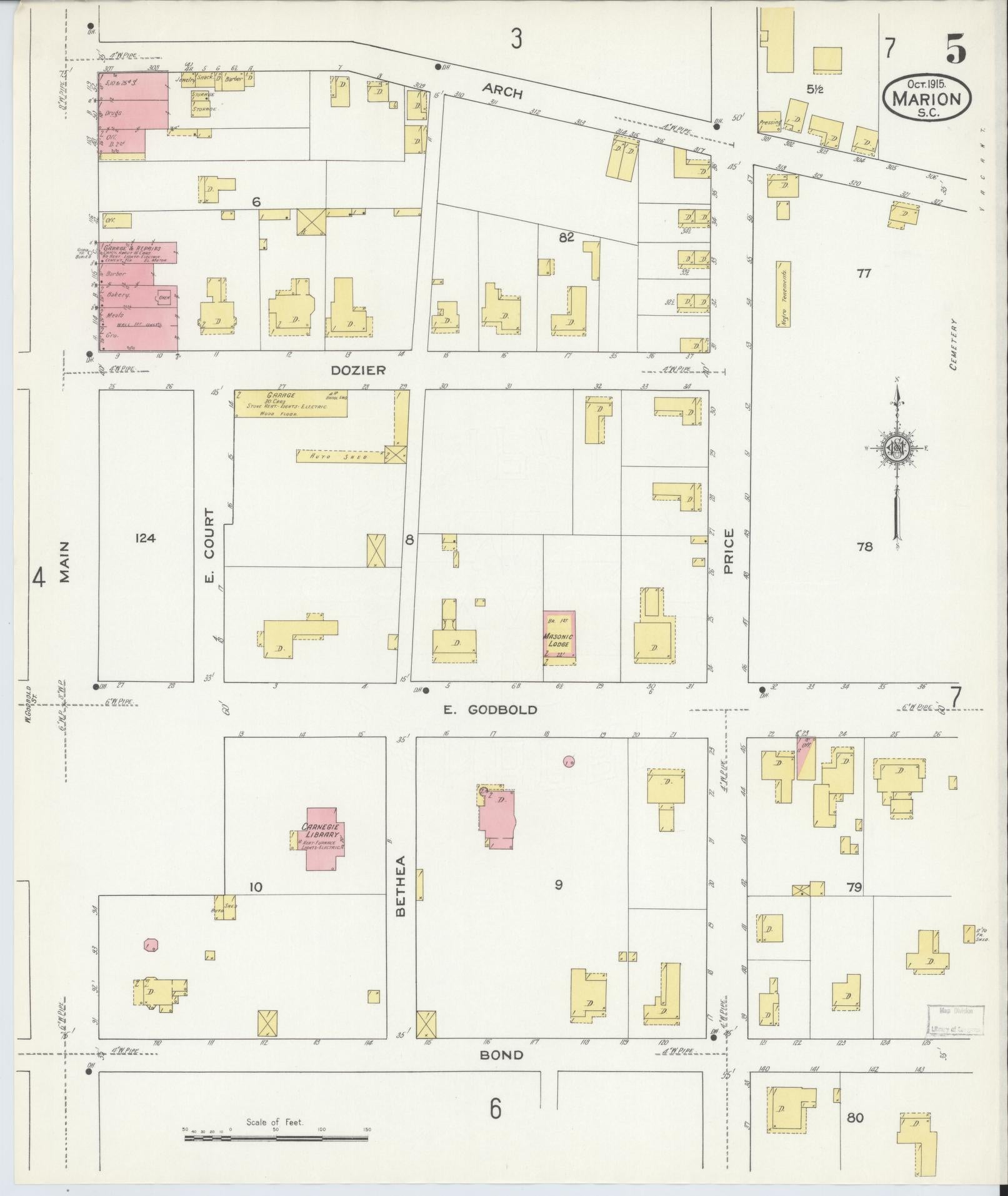 Sanborn Fire Insurance Map from Marion, Marion County, South Carolina (1915), Sheet #0005 - Historic Sanborn Fire Insurance Map Print, vintage old map wall art, antique decor, genealogy gift, South Carolina South Carolina map