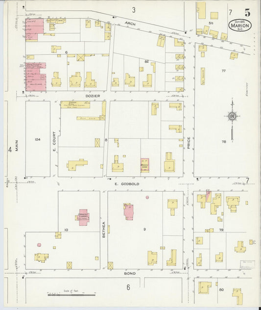 Sanborn Fire Insurance Map from Marion, Marion County, South Carolina (1915), Sheet #0005 - Historic Sanborn Fire Insurance Map Print, vintage old map wall art, antique decor, genealogy gift, South Carolina South Carolina map