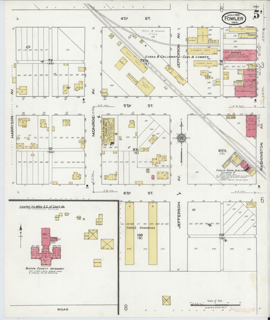 Sanborn Fire Insurance Map from Fowler, Benton County, Indiana (1921), Sheet #0005 - Historic Sanborn Fire Insurance Map Print, vintage old map wall art, antique decor, genealogy gift, Indiana Indiana map