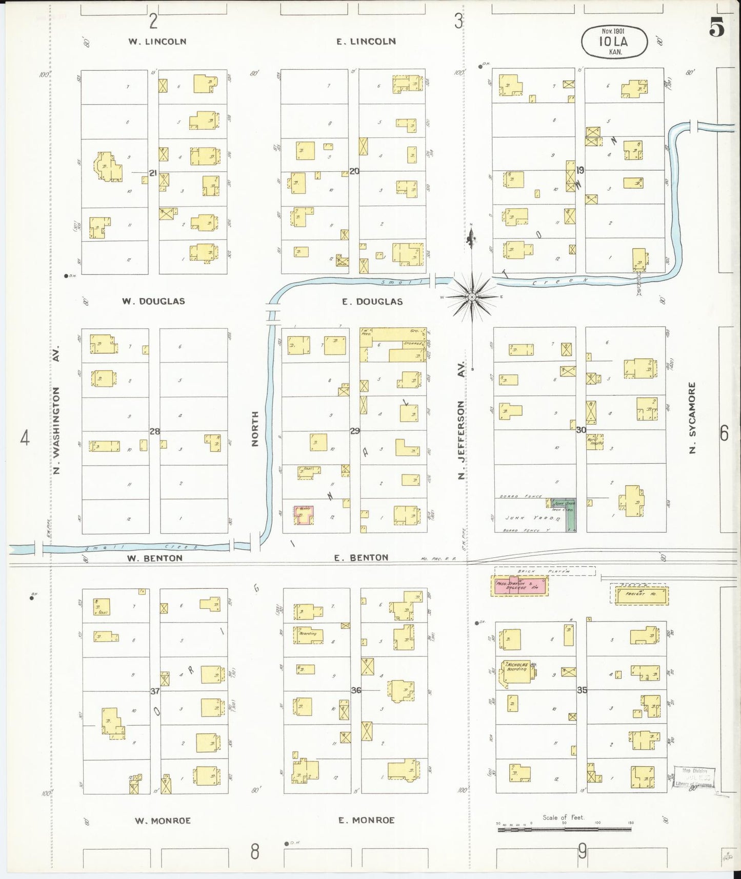 Sanborn Fire Insurance Map from Iola, Allen County, Kansas (1901), Sheet #0005 - Historic Sanborn Fire Insurance Map Print, vintage old map wall art, antique decor, genealogy gift, Kansas Kansas map
