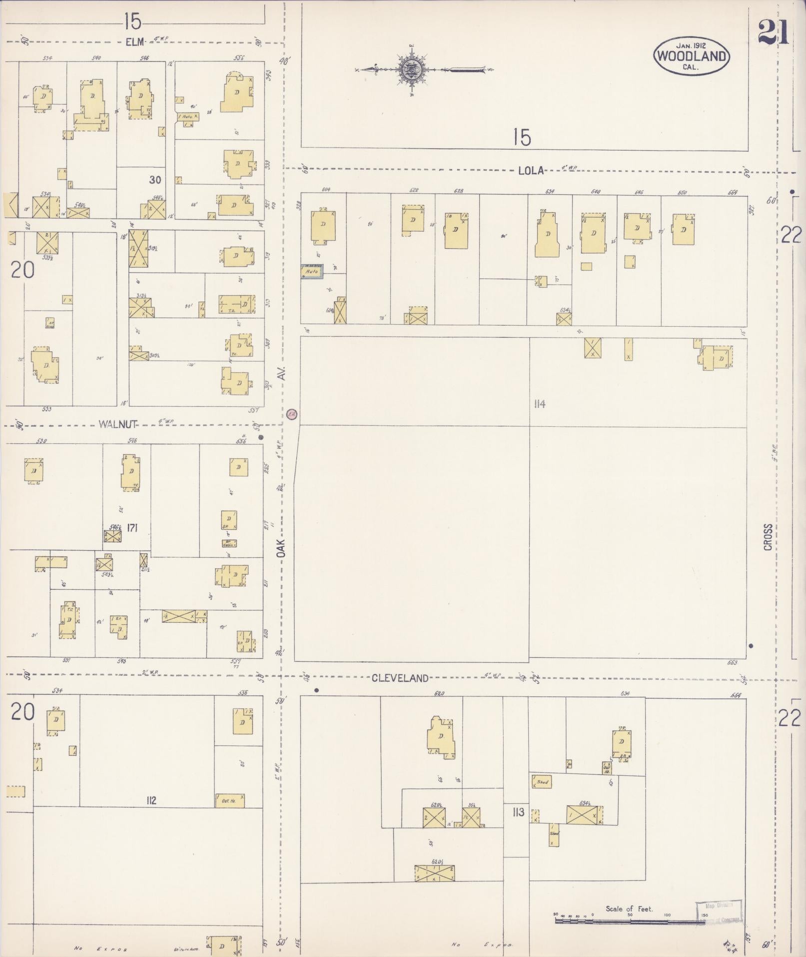 Sanborn Fire Insurance Map from Woodland, Yolo County, California (1912), Sheet #0021 - Complete Map Set gallery image, historic Sanborn map, vintage wall art, California California