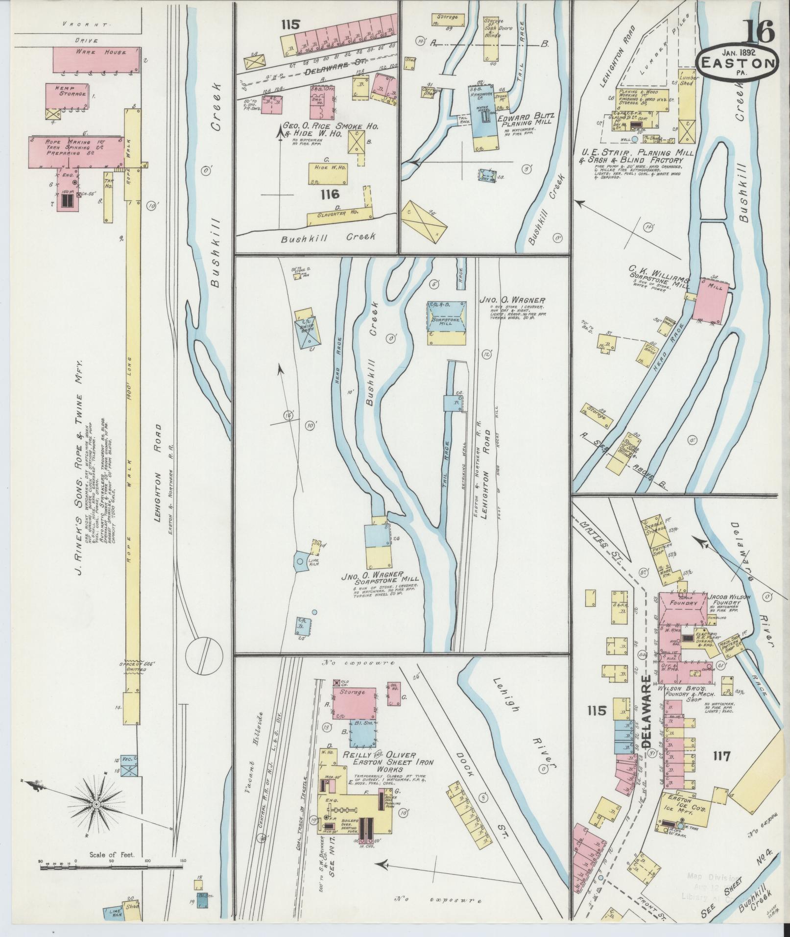 Sanborn Fire Insurance Map from Easton, Northampton County, Pennsylvania (1892), Sheet #0016 - Historic Sanborn Fire Insurance Map Print, vintage old map wall art, antique decor, genealogy gift, Pennsylvania Pennsylvania map