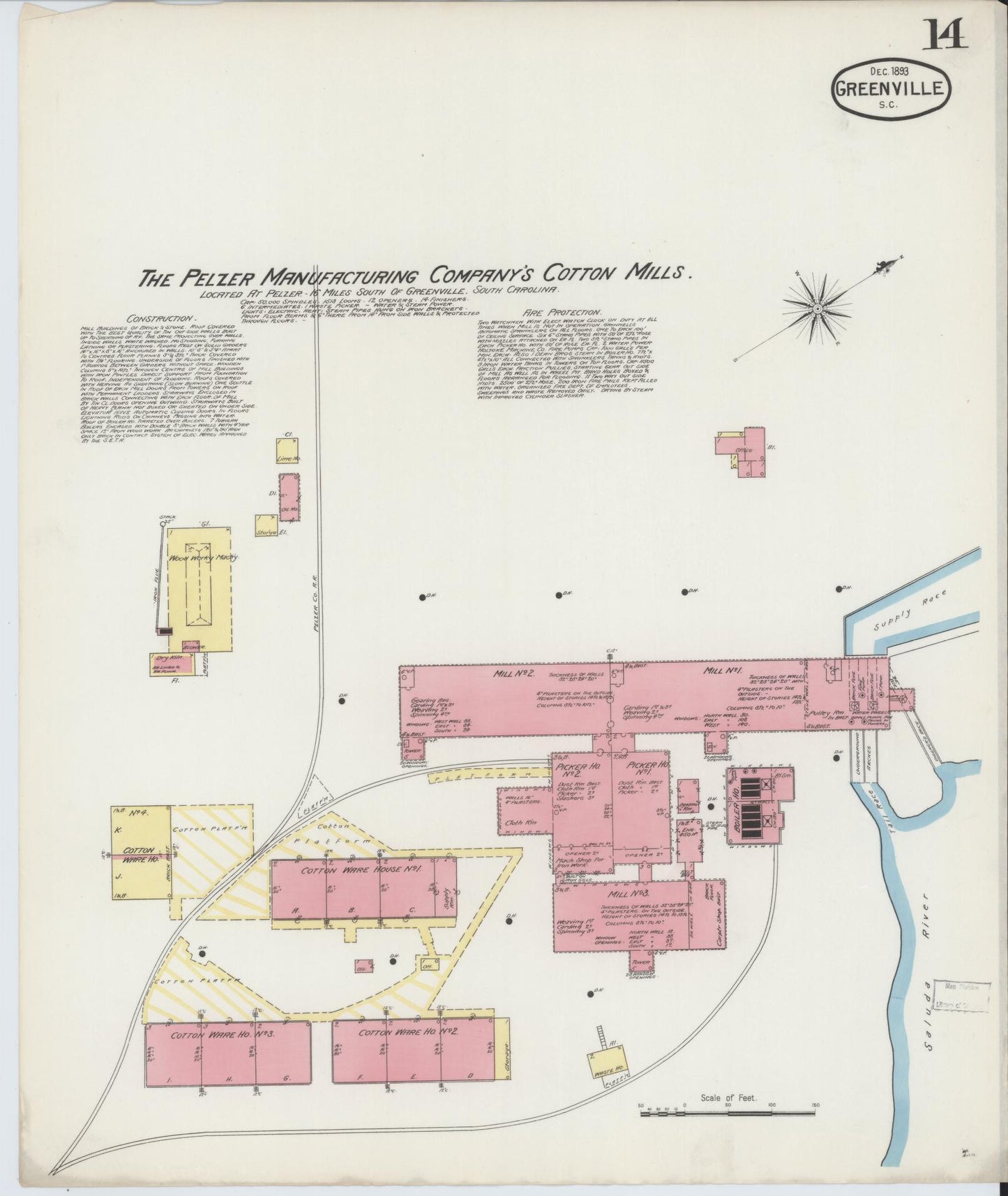 Sanborn Fire Insurance Map from Greenville, Greenville County, South Carolina (1893), Sheet #0014 - Complete Map Set gallery image, historic Sanborn map, vintage wall art, South Carolina South Carolina