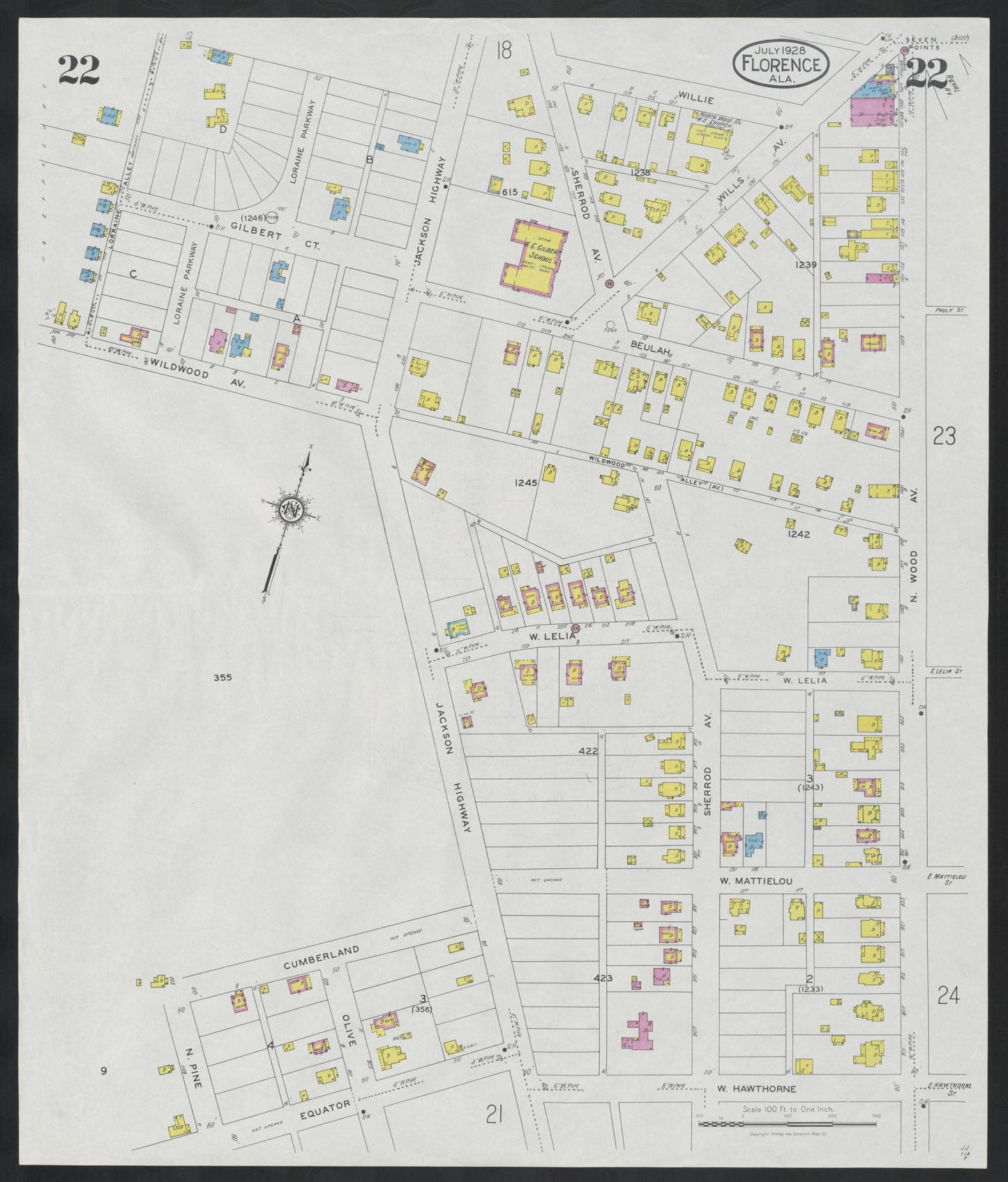 Sanborn Fire Insurance Map from Florence, Lauderdale County, Alabama (1928), Sheet #0022 - Historic Sanborn Fire Insurance Map Print, vintage old map wall art, antique decor, genealogy gift, Alabama Alabama map