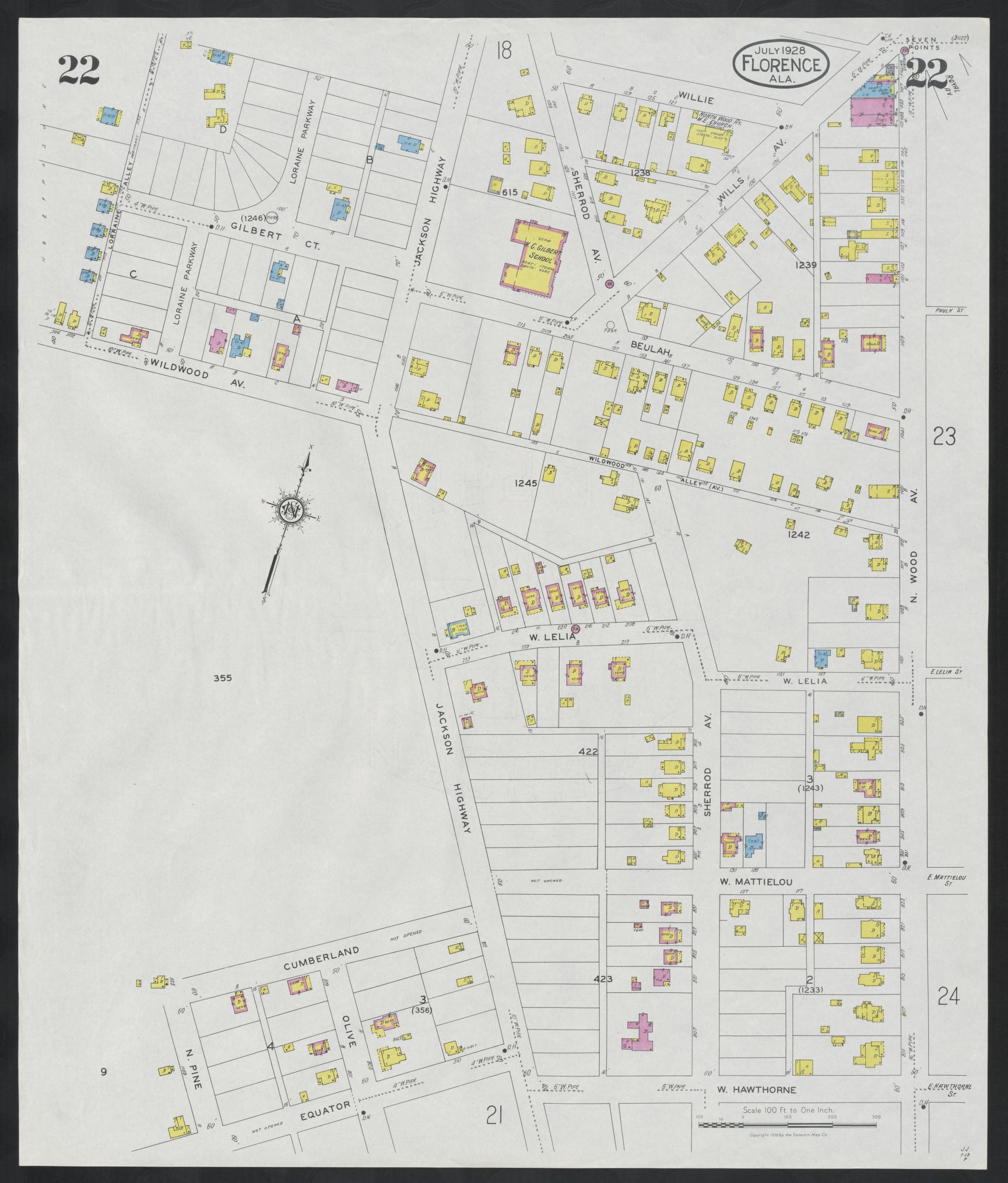 Sanborn Fire Insurance Map from Florence, Lauderdale County, Alabama (1928), Sheet #0022 - Historic Sanborn Fire Insurance Map Print, vintage old map wall art, antique decor, genealogy gift, Alabama Alabama map