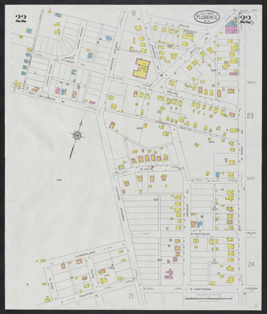 Sanborn Fire Insurance Map from Florence, Lauderdale County, Alabama (1928), Sheet #0022 - Historic Sanborn Fire Insurance Map Print, vintage old map wall art, antique decor, genealogy gift, Alabama Alabama map