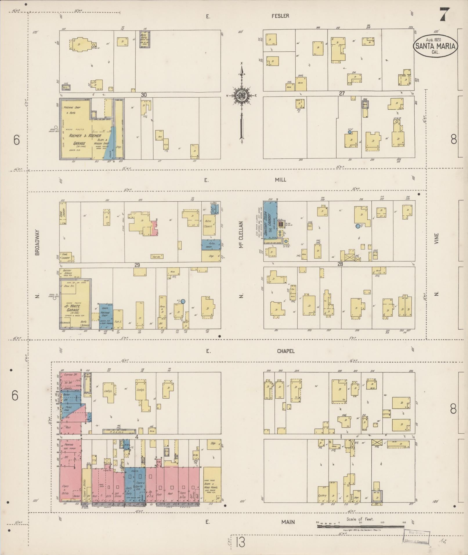 Sanborn Fire Insurance Map from Santa Maria, Santa Barbara County, California (1920), Sheet #0007 - Complete Map Set gallery image, historic Sanborn map, vintage wall art, California California