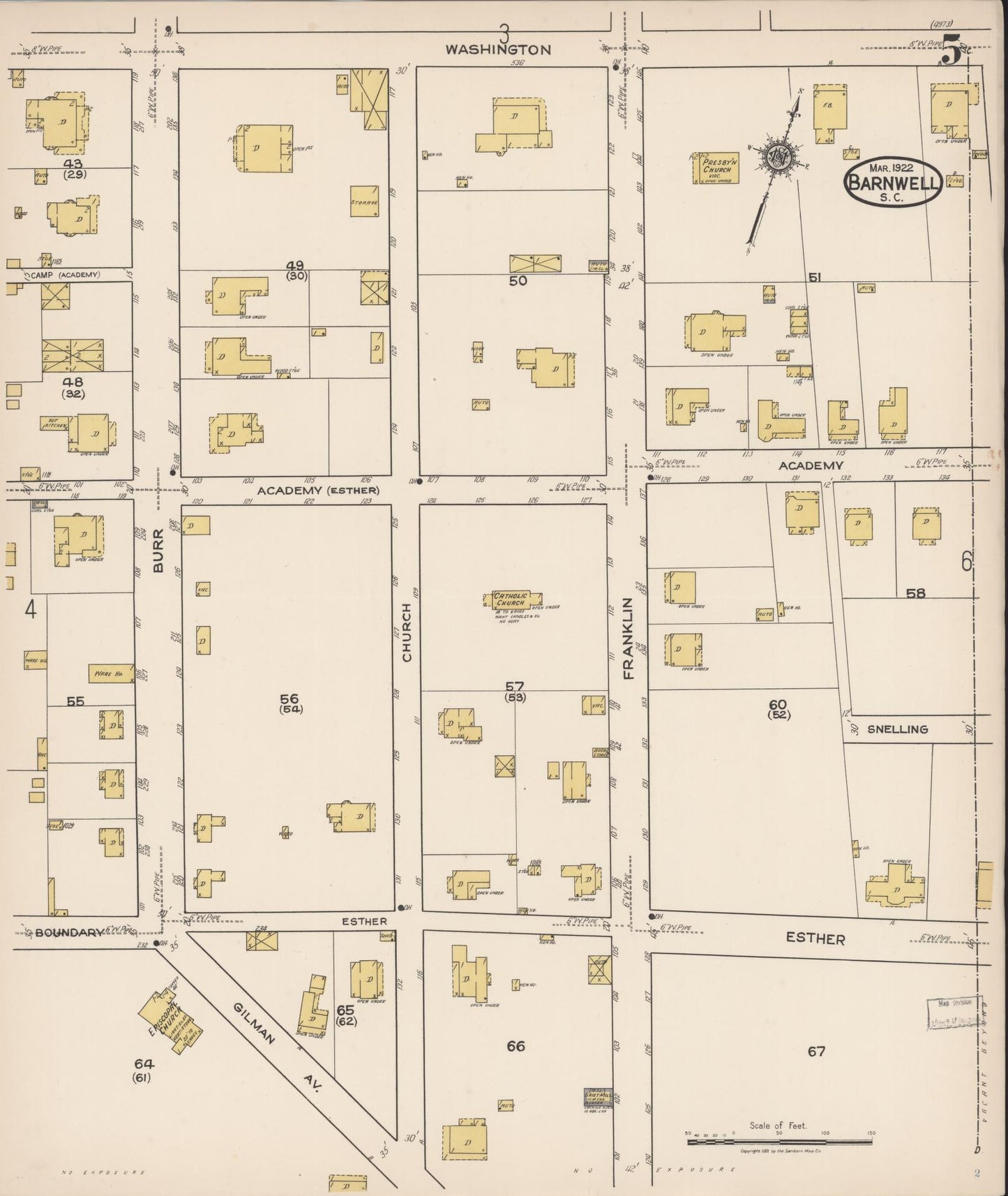 Sanborn Fire Insurance Map from Barnwell, Barnwell County, South Carolina (1922), Sheet #0005 - Complete Map Set gallery image, historic Sanborn map, vintage wall art, South Carolina South Carolina