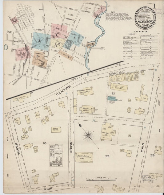 Sanborn Fire Insurance Map from Middleboro, Plymouth County, Massachusetts (1885), Sheet #0001 - Complete Map Set gallery image, historic Sanborn map, vintage wall art, Massachusetts Massachusetts