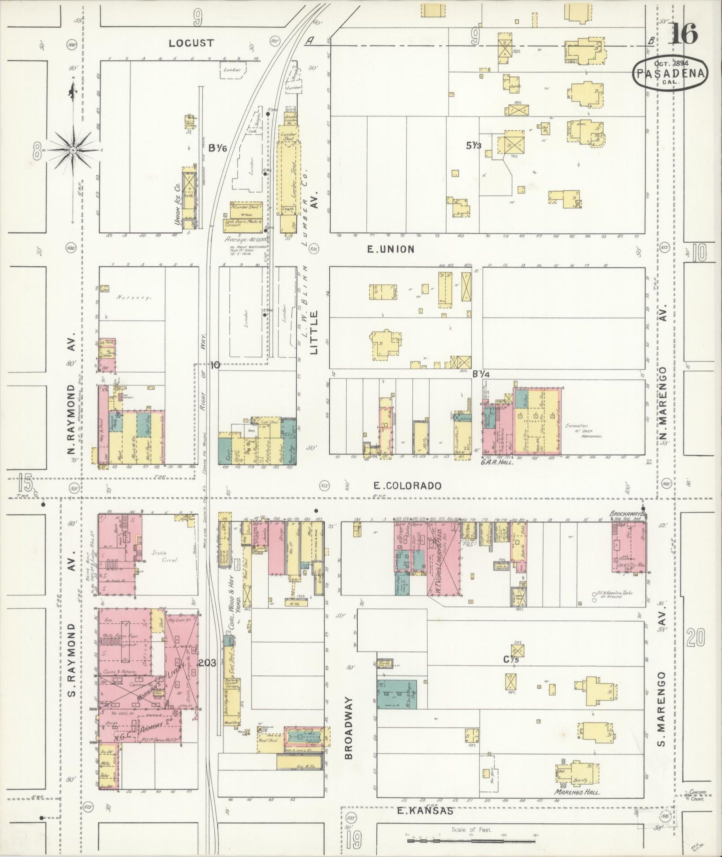 Sanborn Fire Insurance Map from Pasadena, Los Angeles County, California (1894), Sheet #0016 - Complete Map Set gallery image, historic Sanborn map, vintage wall art, California California