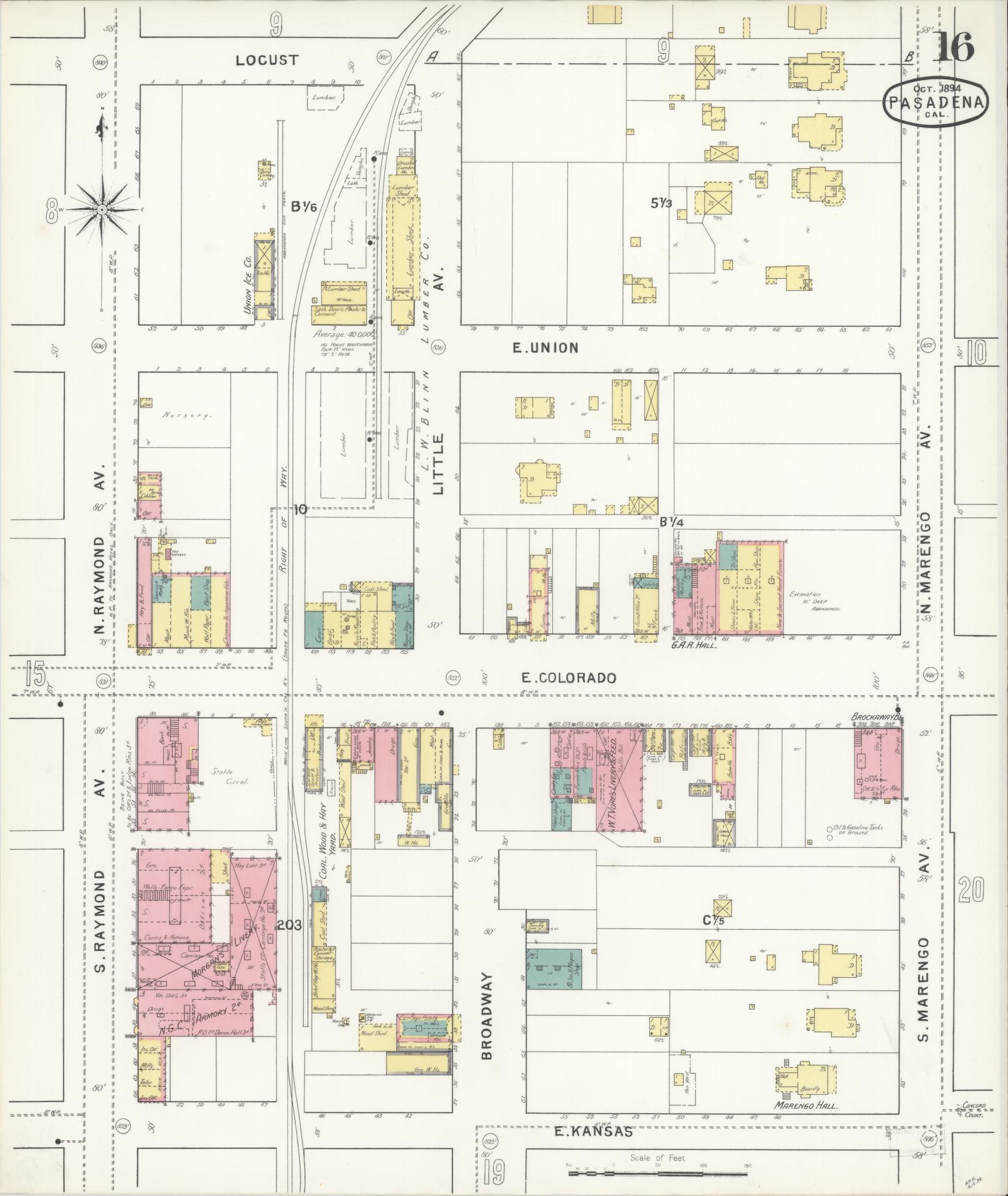Sanborn Fire Insurance Map from Pasadena, Los Angeles County, California (1894), Sheet #0016 - Complete Map Set gallery image, historic Sanborn map, vintage wall art, California California