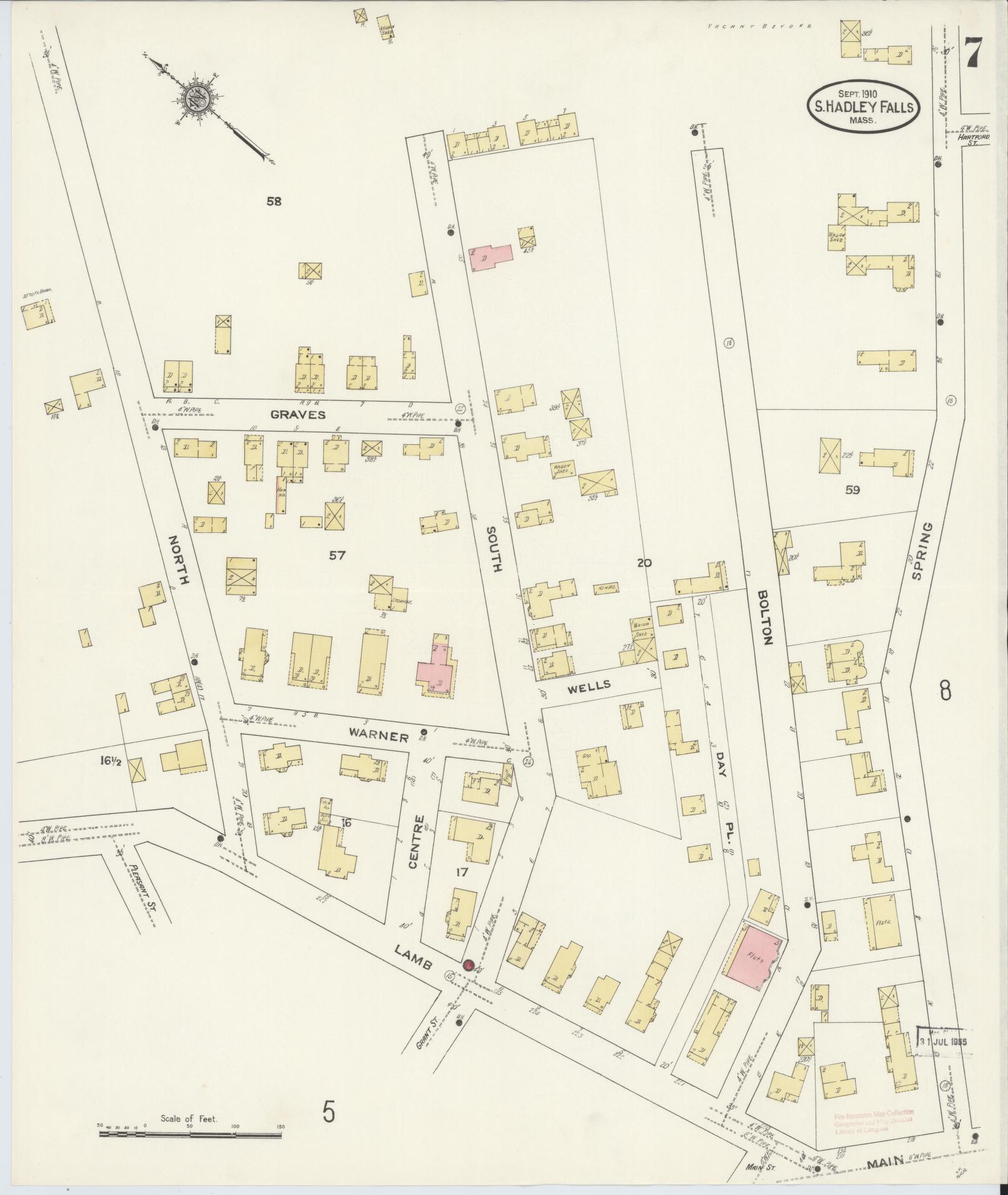 Sanborn Fire Insurance Map from South Hadley Falls, Hampshire County, Massachusetts (1910), Sheet #0007 - Historic Sanborn Fire Insurance Map Print, vintage old map wall art, antique decor, genealogy gift, Massachusetts Massachusetts map
