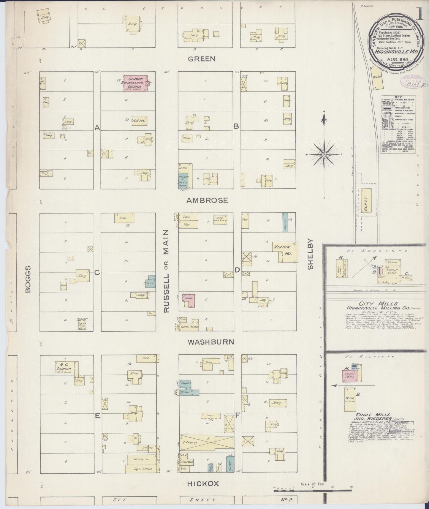 Sanborn Fire Insurance Map from Higginsville, Lafayette County, Missouri (1886), Sheet #0001 - Historic Sanborn Fire Insurance Map Print, vintage old map wall art, antique decor, genealogy gift, Missouri Missouri map