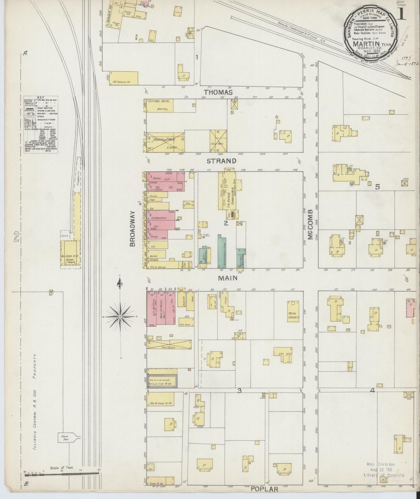 Sanborn Fire Insurance Map from Martin, Weakley County, Tennessee (1892), Sheet #0001 - Historic Sanborn Fire Insurance Map Print, vintage old map wall art, antique decor, genealogy gift, Tennessee Tennessee map