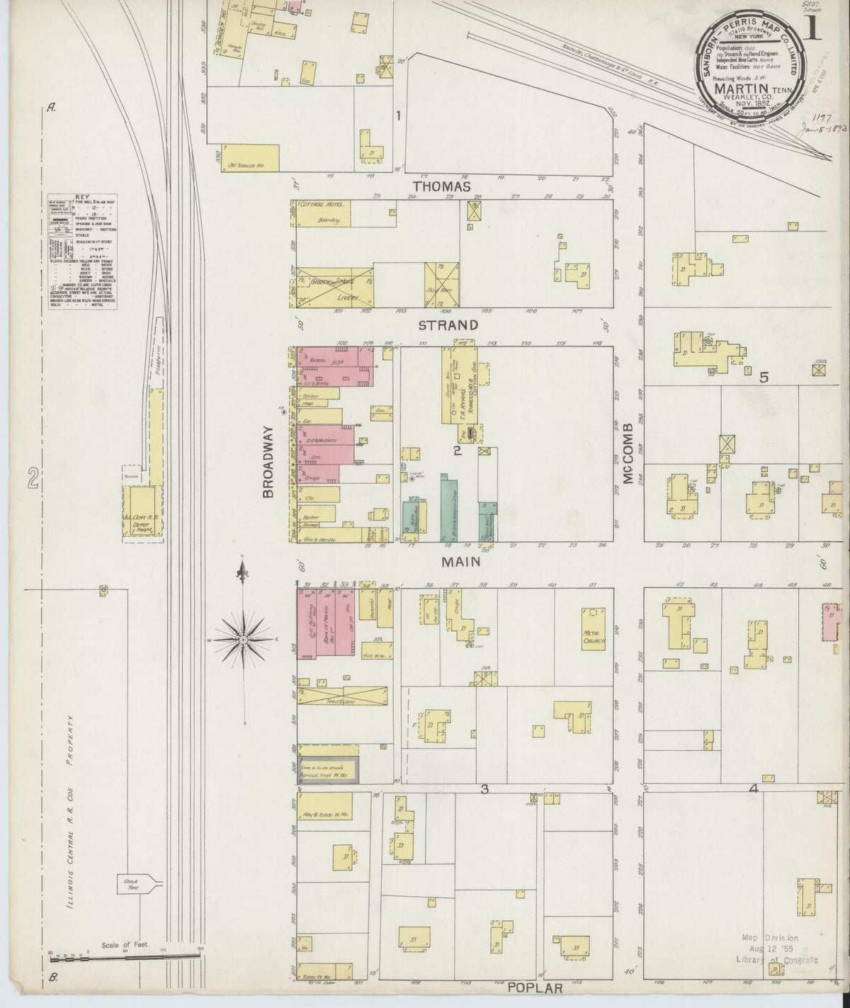 Sanborn Fire Insurance Map from Martin, Weakley County, Tennessee (1892), Sheet #0001 - Historic Sanborn Fire Insurance Map Print, vintage old map wall art, antique decor, genealogy gift, Tennessee Tennessee map