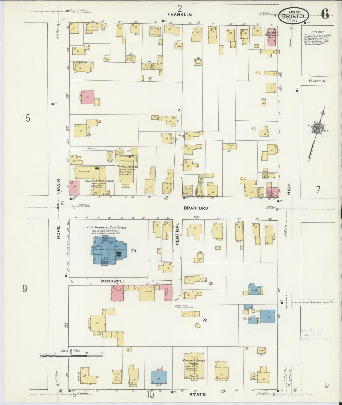 Sanborn Fire Insurance Map from Bristol, Bristol County, Rhode Island (1911), Sheet #0006 - Historic Sanborn Fire Insurance Map Print, vintage old map wall art, antique decor, genealogy gift, Rhode Island Rhode Island map