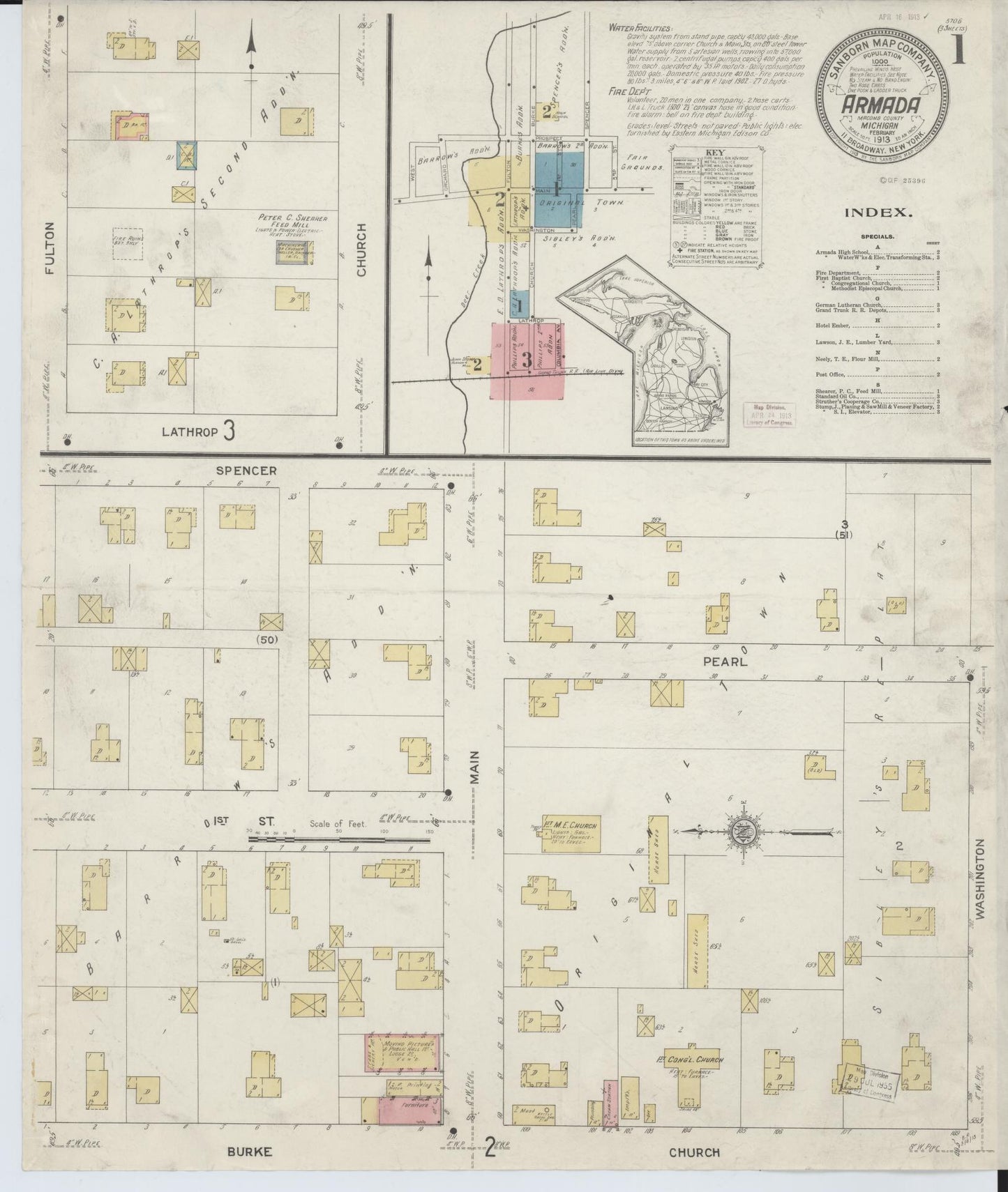 Sanborn Fire Insurance Map from Armada, Macomb County, Michigan (1913), Sheet #0001 - Historic Sanborn Fire Insurance Map Print, vintage old map wall art, antique decor, genealogy gift, Michigan Michigan map