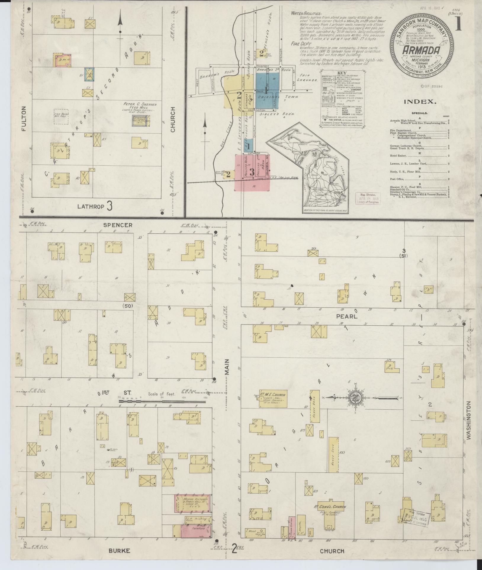 Sanborn Fire Insurance Map from Armada, Macomb County, Michigan (1913), Sheet #0001 - Historic Sanborn Fire Insurance Map Print, vintage old map wall art, antique decor, genealogy gift, Michigan Michigan map