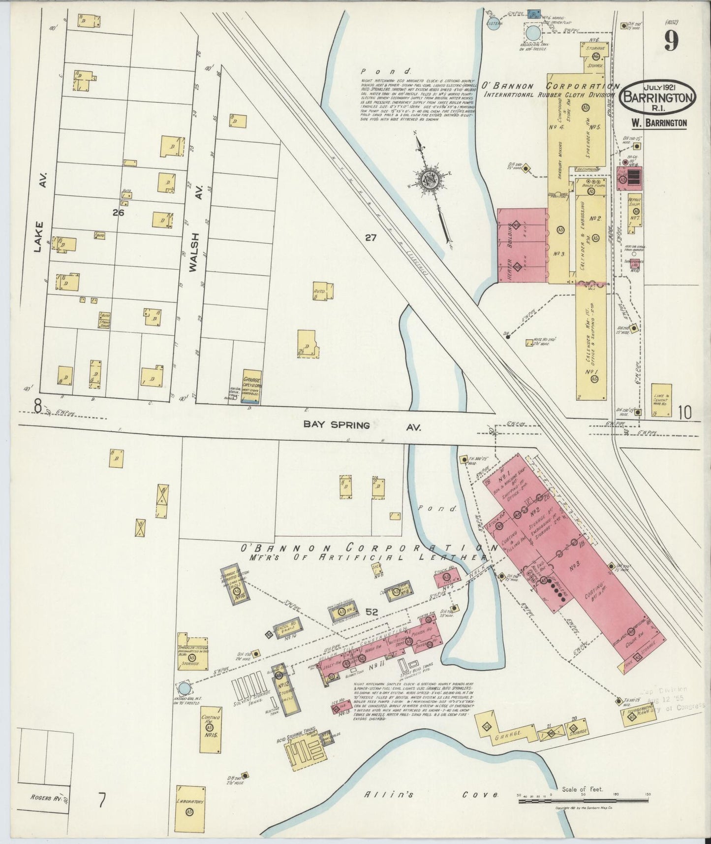 Sanborn Fire Insurance Map from Barrington, Bristol County, Rhode Island (1921), Sheet #0009 - Historic Sanborn Fire Insurance Map Print, vintage old map wall art, antique decor, genealogy gift, Rhode Island Rhode Island map