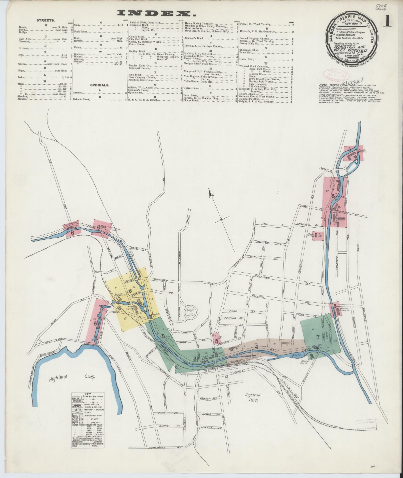 Sanborn Fire Insurance Map from Winsted, Litchfield County, Connecticut (1892), Sheet #0001 - Historic Sanborn Fire Insurance Map Print, vintage old map wall art, antique decor, genealogy gift, Connecticut Connecticut map