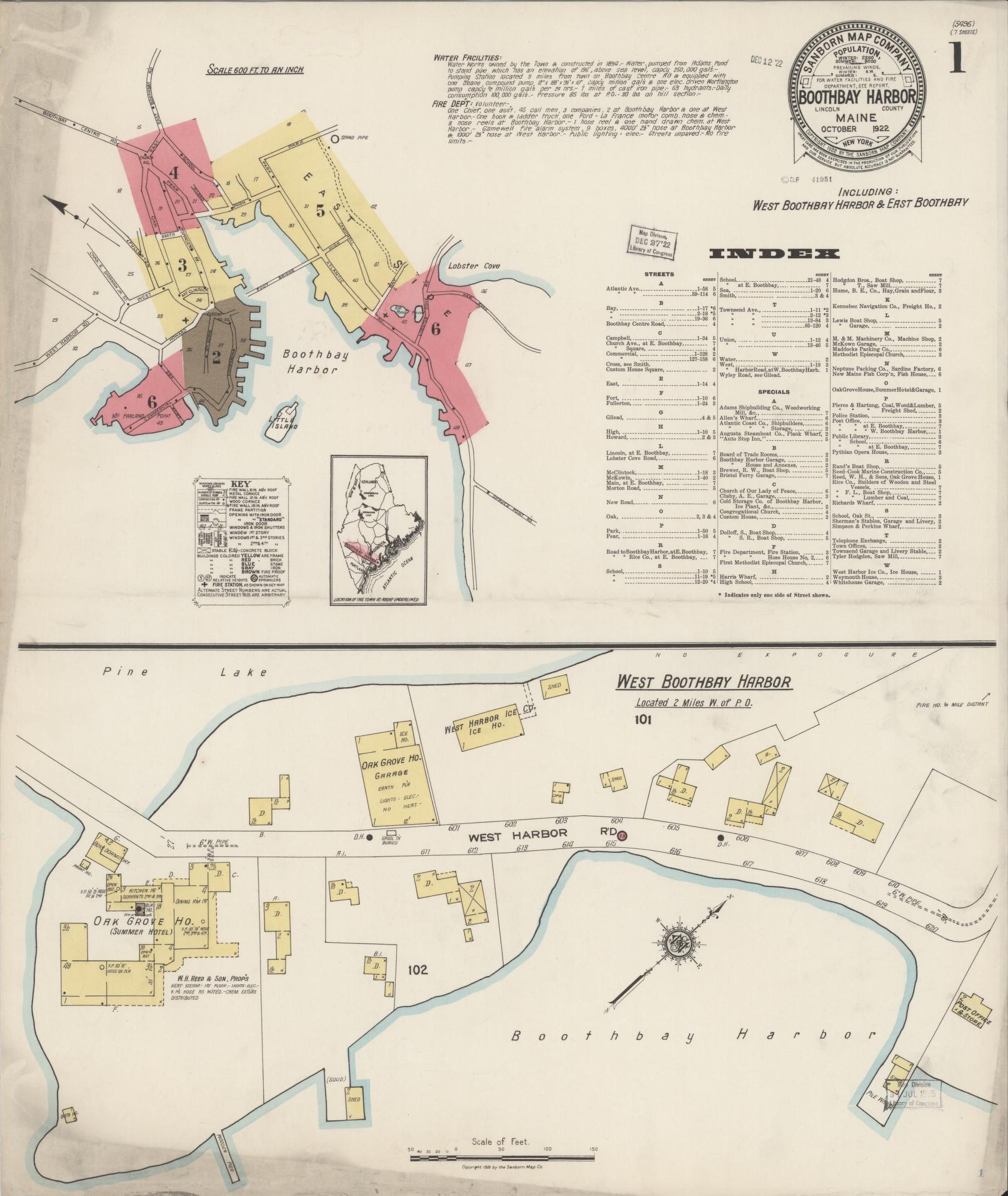 Sanborn Fire Insurance Map from Boothbay Harbor, Lincoln County, Maine (1922), Sheet #0001 - Historic Sanborn Fire Insurance Map Print, vintage old map wall art, antique decor, genealogy gift, Maine Maine map