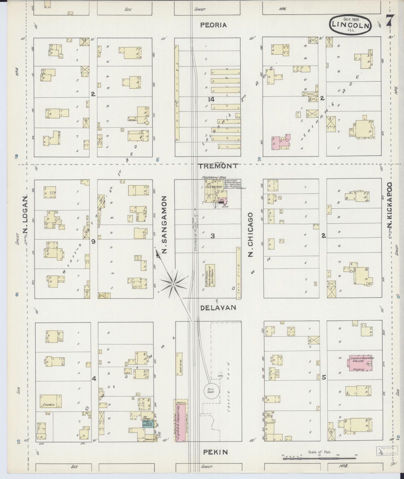 Sanborn Fire Insurance Map from Lincoln, Logan County, Illinois (1891), Sheet #0007 - Complete Map Set gallery image, historic Sanborn map, vintage wall art, Illinois Illinois