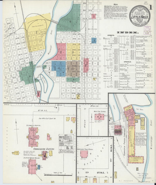 Sanborn Fire Insurance Map from Little Falls, Morrison County, Minnesota (1902), Sheet #0001 - Historic Sanborn Fire Insurance Map Print, vintage old map wall art, antique decor, genealogy gift, Minnesota Minnesota map