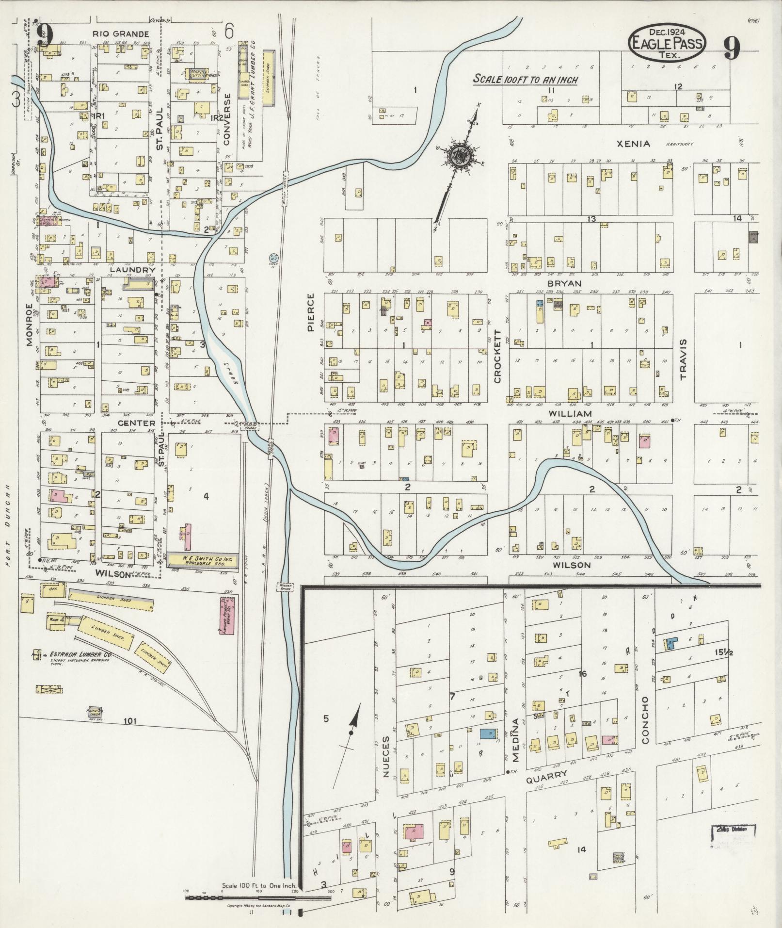 Sanborn Fire Insurance Map from Eagle Pass, Maverick County, Texas (1924), Sheet #0009 - Historic Sanborn Fire Insurance Map Print, vintage old map wall art, antique decor, genealogy gift, Texas Texas map