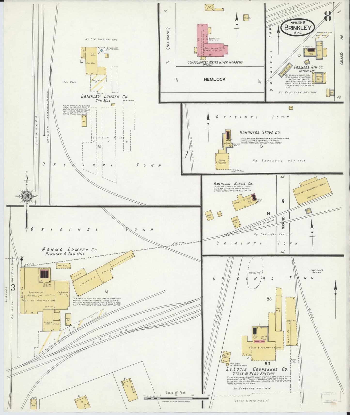Sanborn Fire Insurance Map from Brinkley, Monroe County, Arkansas (1919), Sheet #0008 - Historic Sanborn Fire Insurance Map Print, vintage old map wall art, antique decor, genealogy gift, Arkansas Arkansas map