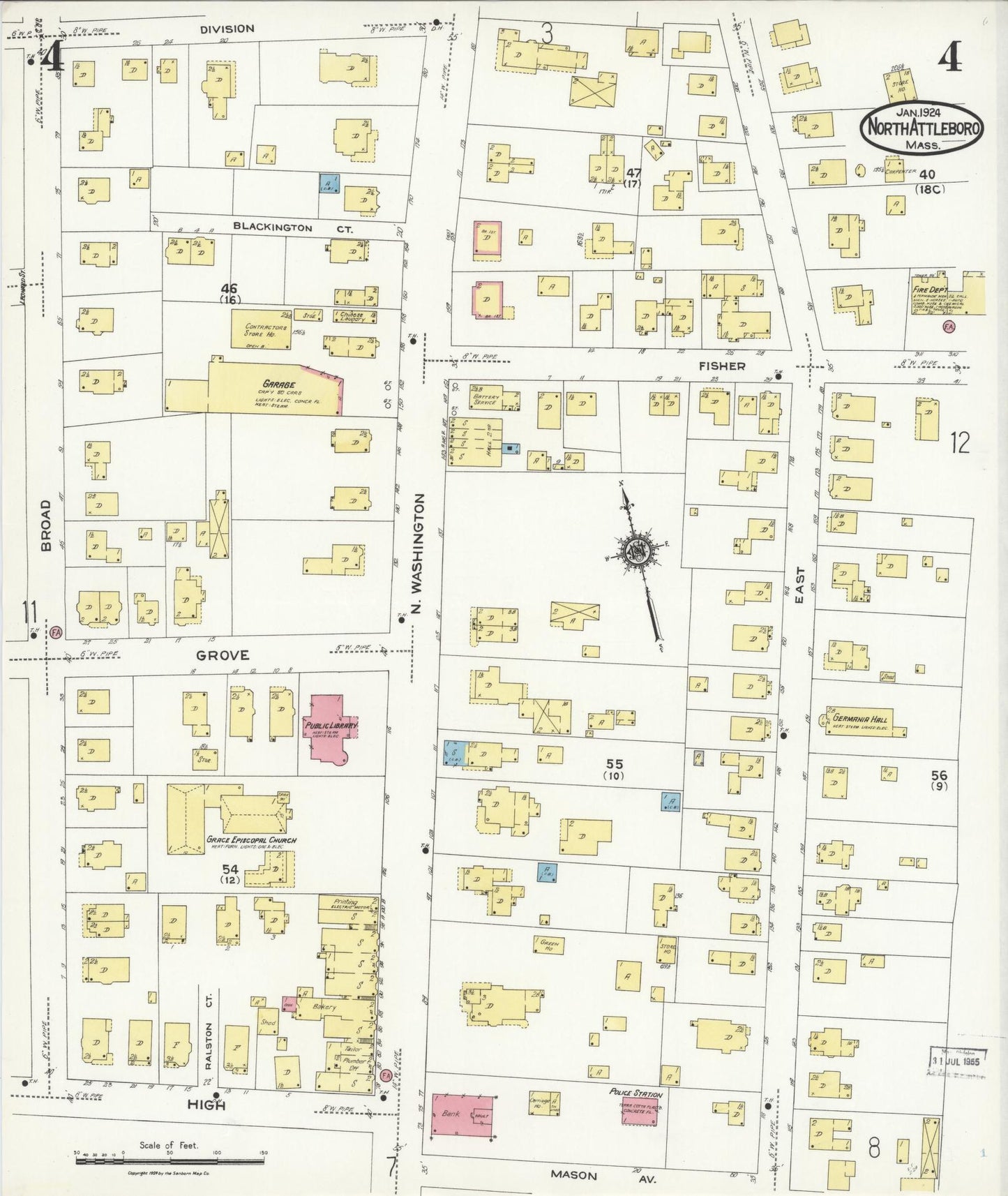 Sanborn Fire Insurance Map from North Attleborough, Bristol County, Massachusetts (1924), Sheet #0004 - Complete Map Set gallery image, historic Sanborn map, vintage wall art, Massachusetts Massachusetts