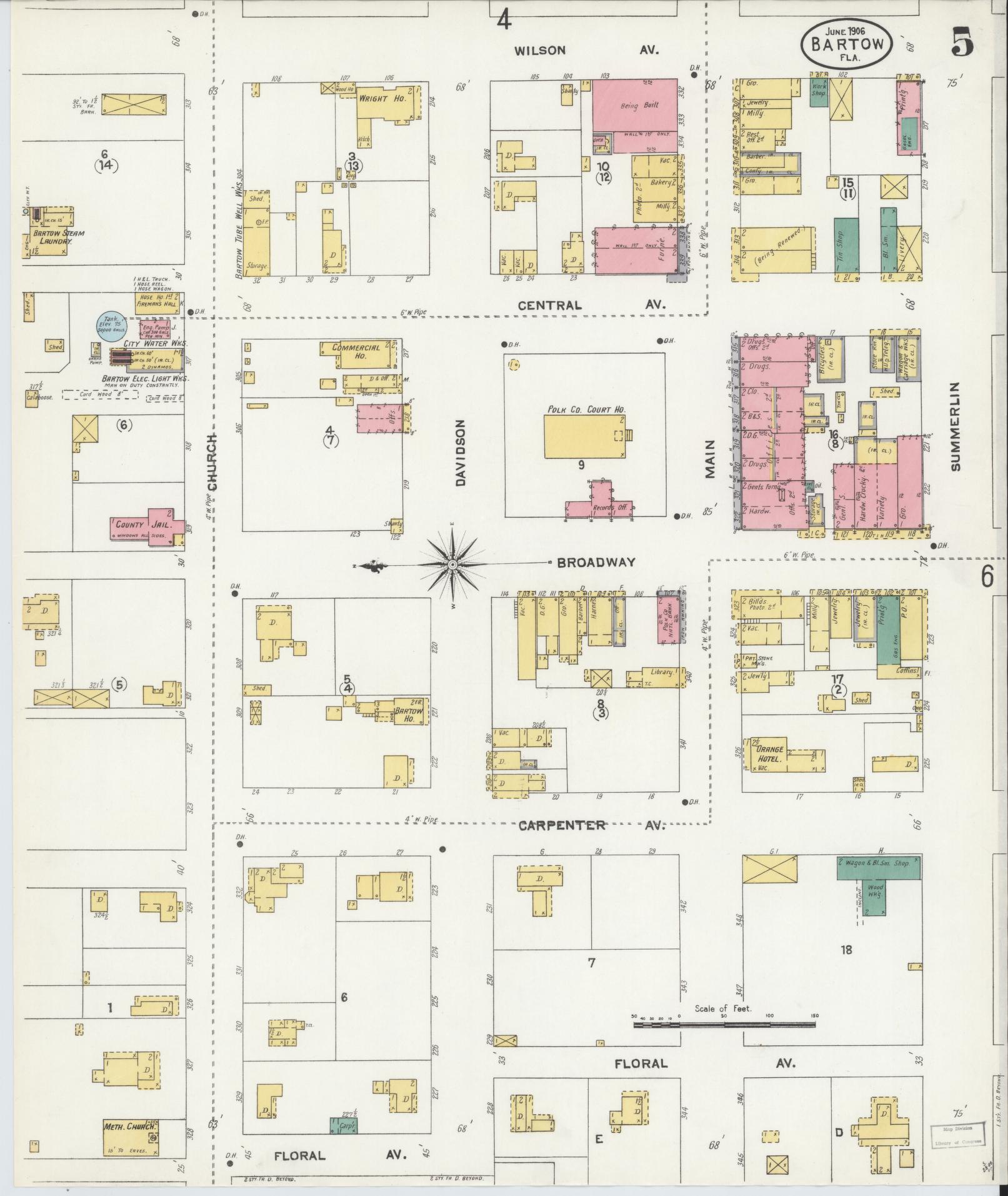 Sanborn Fire Insurance Map from Bartow, Polk County, Florida (1906), Sheet #0005 - Historic Sanborn Fire Insurance Map Print, vintage old map wall art, antique decor, genealogy gift, Florida Florida map