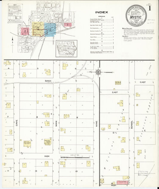 Sanborn Fire Insurance Map from Mystic, Appanoose County, Iowa (1913), Sheet #0001 - Historic Sanborn Fire Insurance Map Print, vintage old map wall art