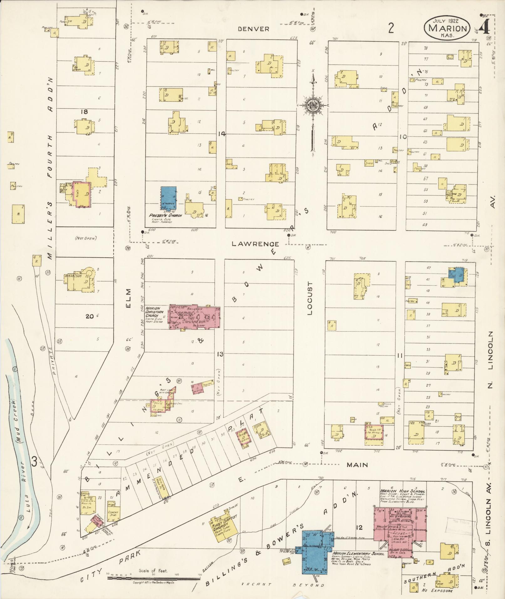 Sanborn Fire Insurance Map from Marion, Marion County, Kansas (1922), Sheet #0004 - Historic Sanborn Fire Insurance Map Print, vintage old map wall art, antique decor, genealogy gift, Kansas Kansas map