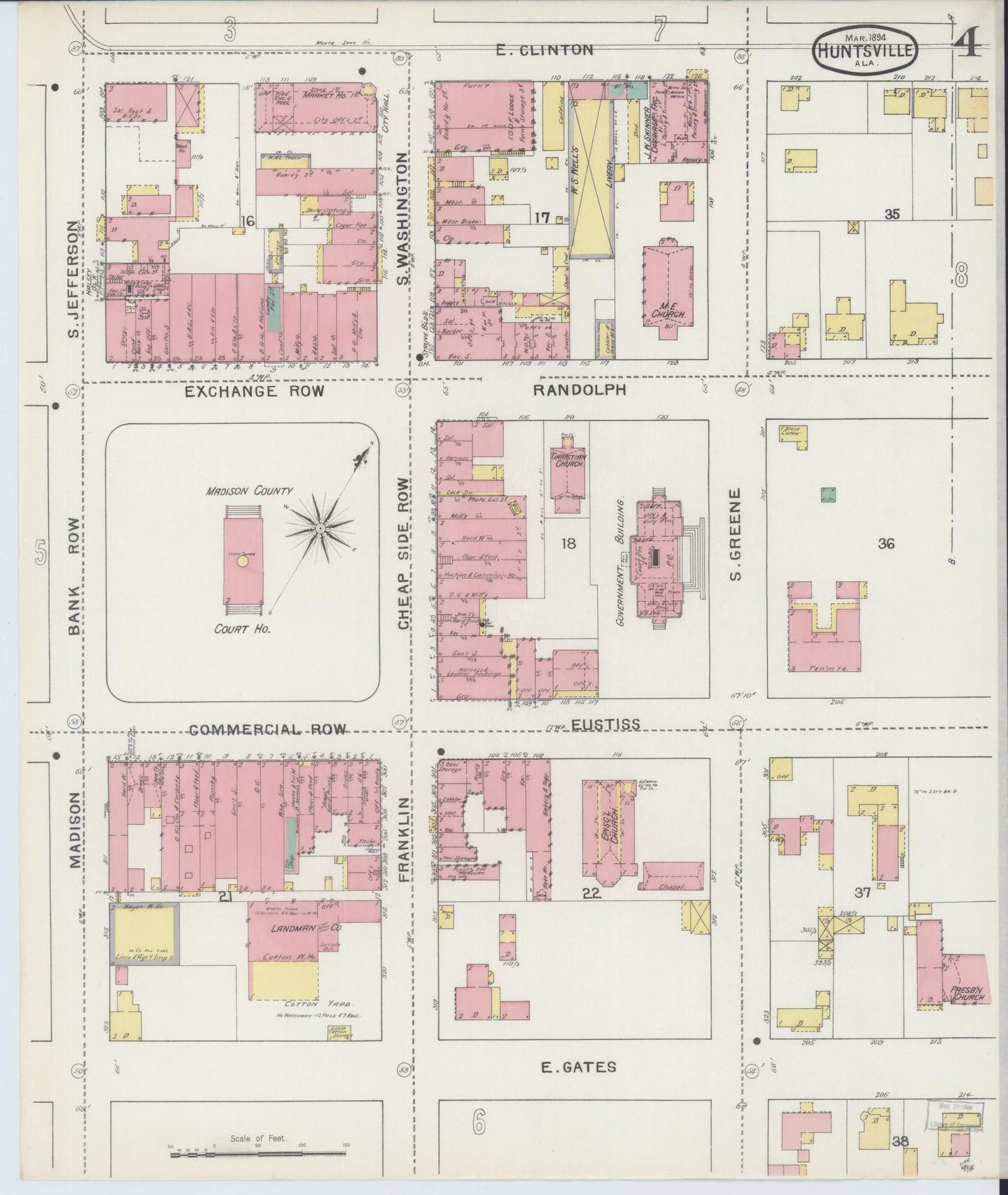 Sanborn Fire Insurance Map from Huntsville, Madison County, Alabama (1894), Sheet #0004 - Historic Sanborn Fire Insurance Map Print, vintage old map wall art, antique decor, genealogy gift, Alabama Alabama map