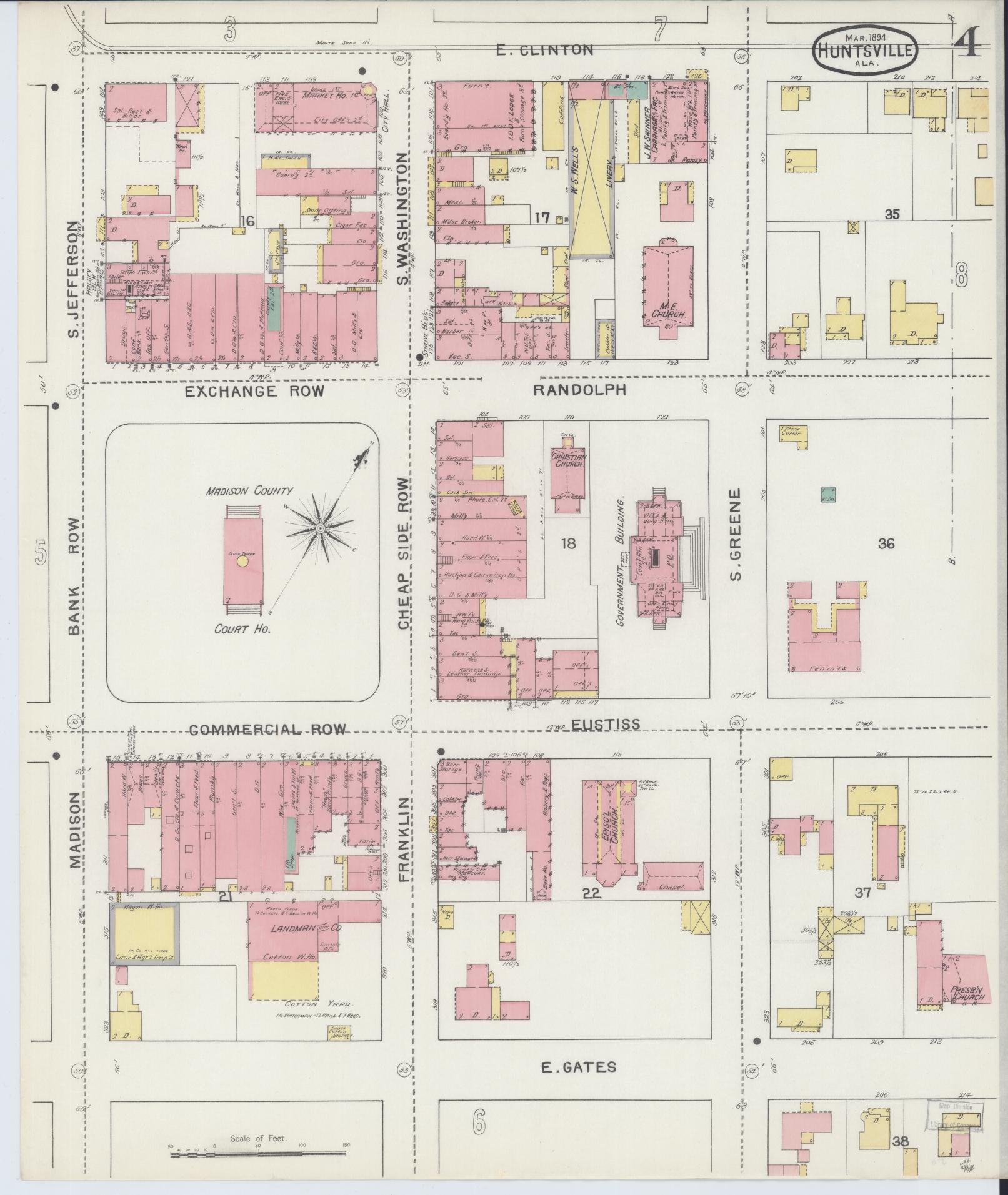 Sanborn Fire Insurance Map from Huntsville, Madison County, Alabama (1894), Sheet #0004 - Historic Sanborn Fire Insurance Map Print, vintage old map wall art, antique decor, genealogy gift, Alabama Alabama map
