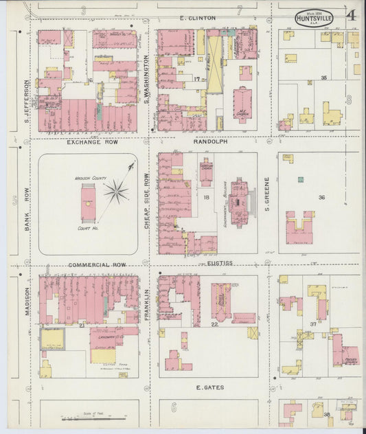 Sanborn Fire Insurance Map from Huntsville, Madison County, Alabama (1894), Sheet #0004 - Historic Sanborn Fire Insurance Map Print, vintage old map wall art, antique decor, genealogy gift, Alabama Alabama map