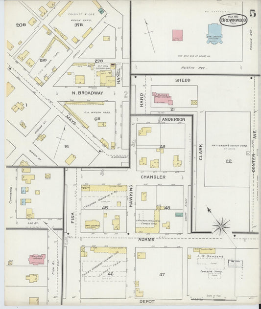 Sanborn Fire Insurance Map from Brownwood, Brown County, Texas (1893), Sheet #0005 - Historic Sanborn Fire Insurance Map Print, vintage old map wall art, antique decor, genealogy gift, Texas Texas map