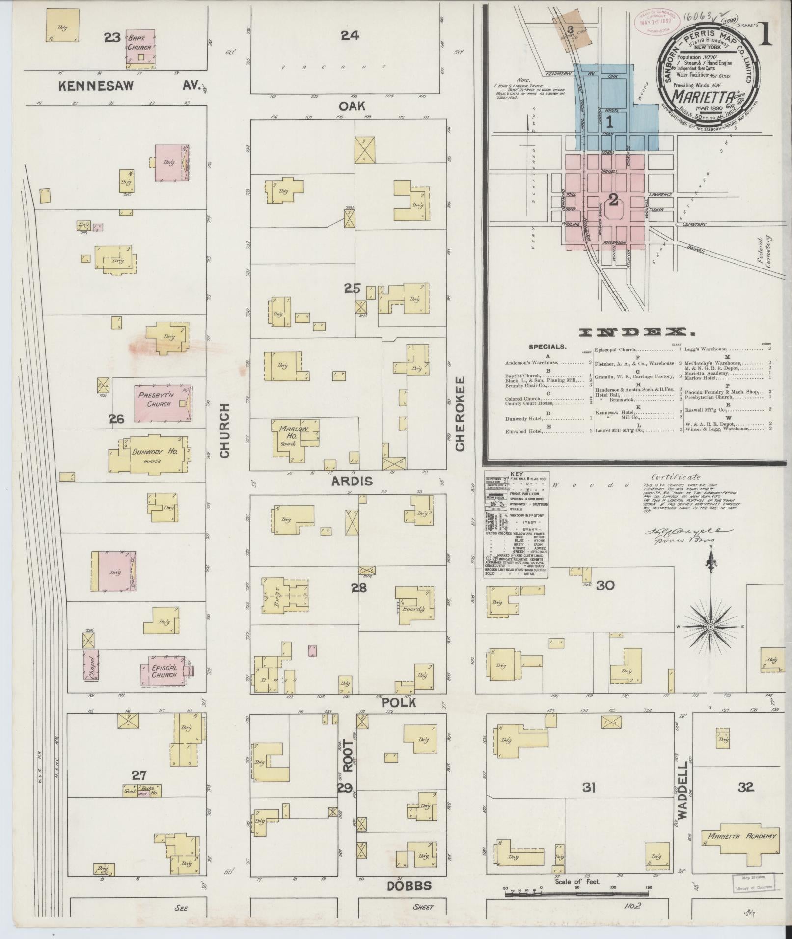 Sanborn Fire Insurance Map from Marietta, Cobb County, Georgia (1890), Sheet #0001 - Historic Sanborn Fire Insurance Map Print, vintage old map wall art, antique decor, genealogy gift, Georgia Georgia map
