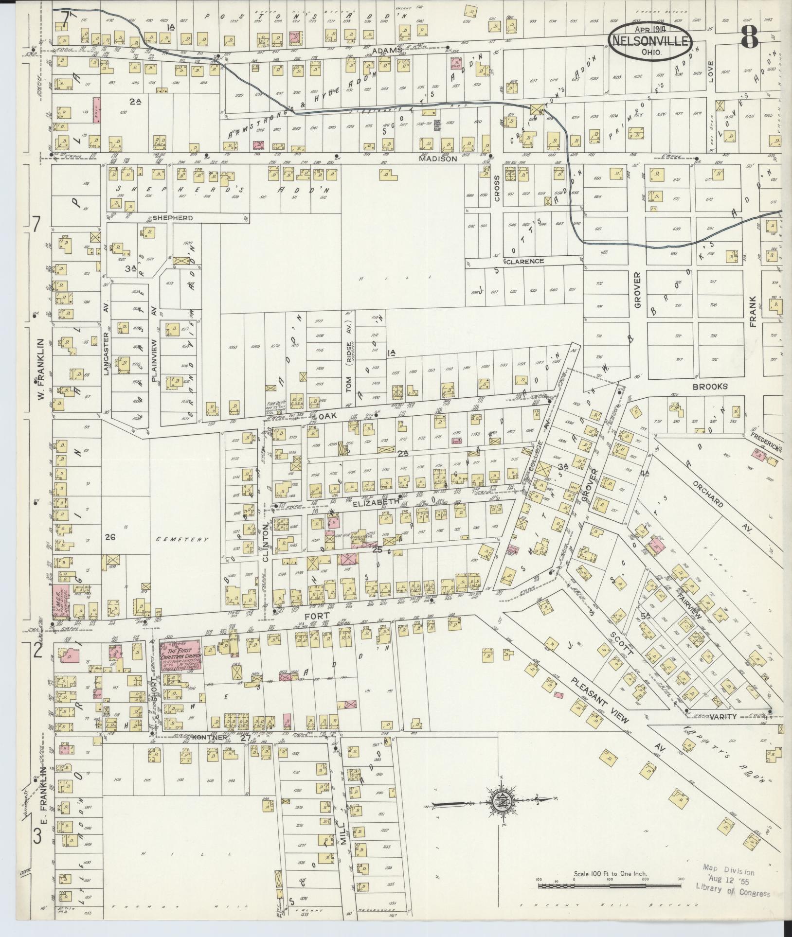 Sanborn Fire Insurance Map from Nelsonville, Athens County, Ohio (1914), Sheet #0008 - Historic Sanborn Fire Insurance Map Print, vintage old map wall art, antique decor, genealogy gift, Ohio Ohio map