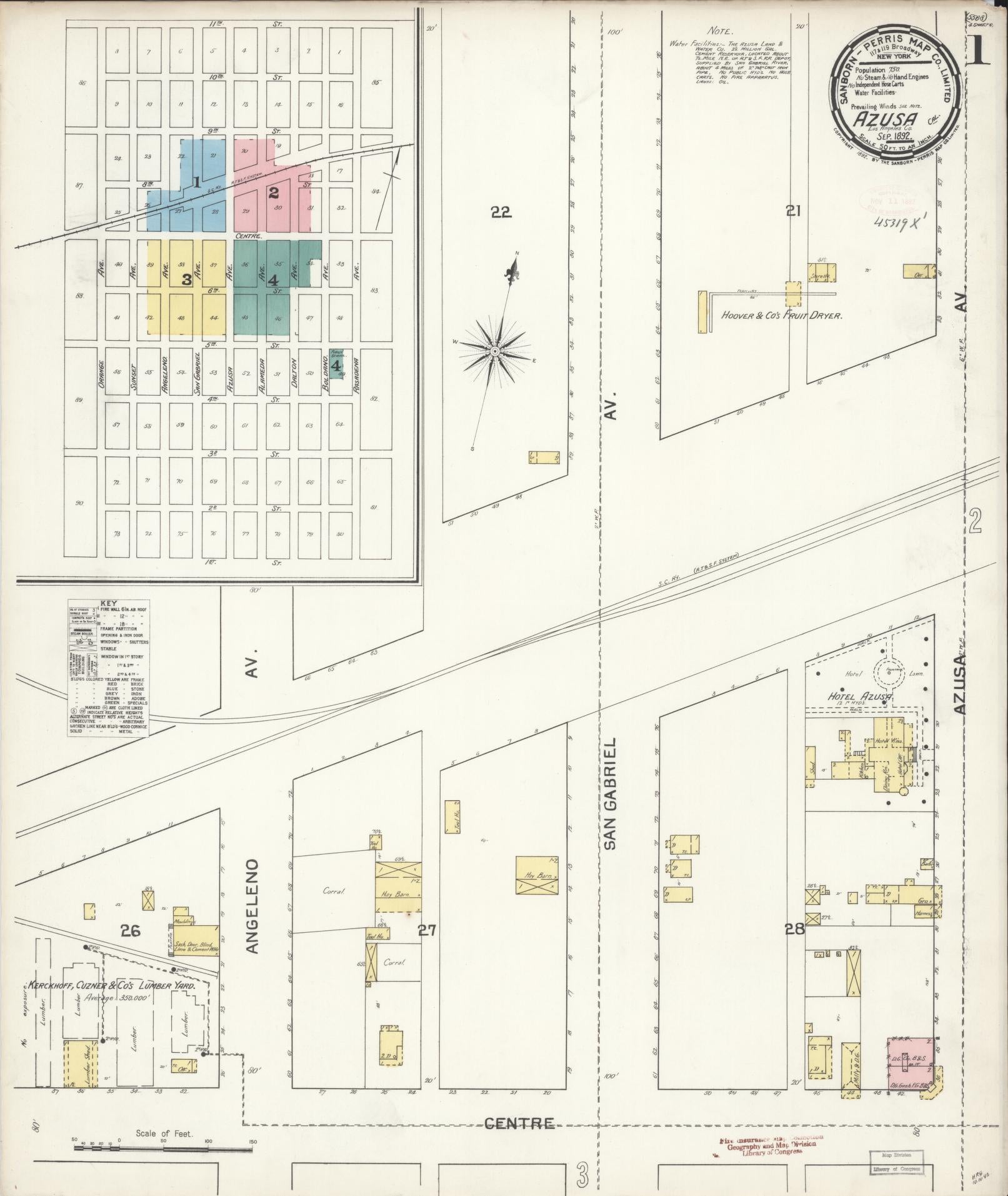 Sanborn Fire Insurance Map from Azusa, Los Angeles County, California (1892), Sheet #0001 - Historic Sanborn Fire Insurance Map Print, vintage old map wall art, antique decor, genealogy gift, California California map