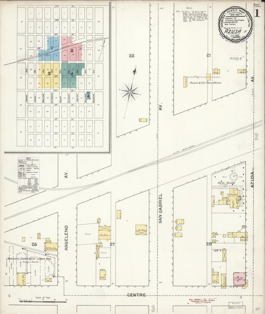 Sanborn Fire Insurance Map from Azusa, Los Angeles County, California (1892), Sheet #0001 - Historic Sanborn Fire Insurance Map Print, vintage old map wall art, antique decor, genealogy gift, California California map