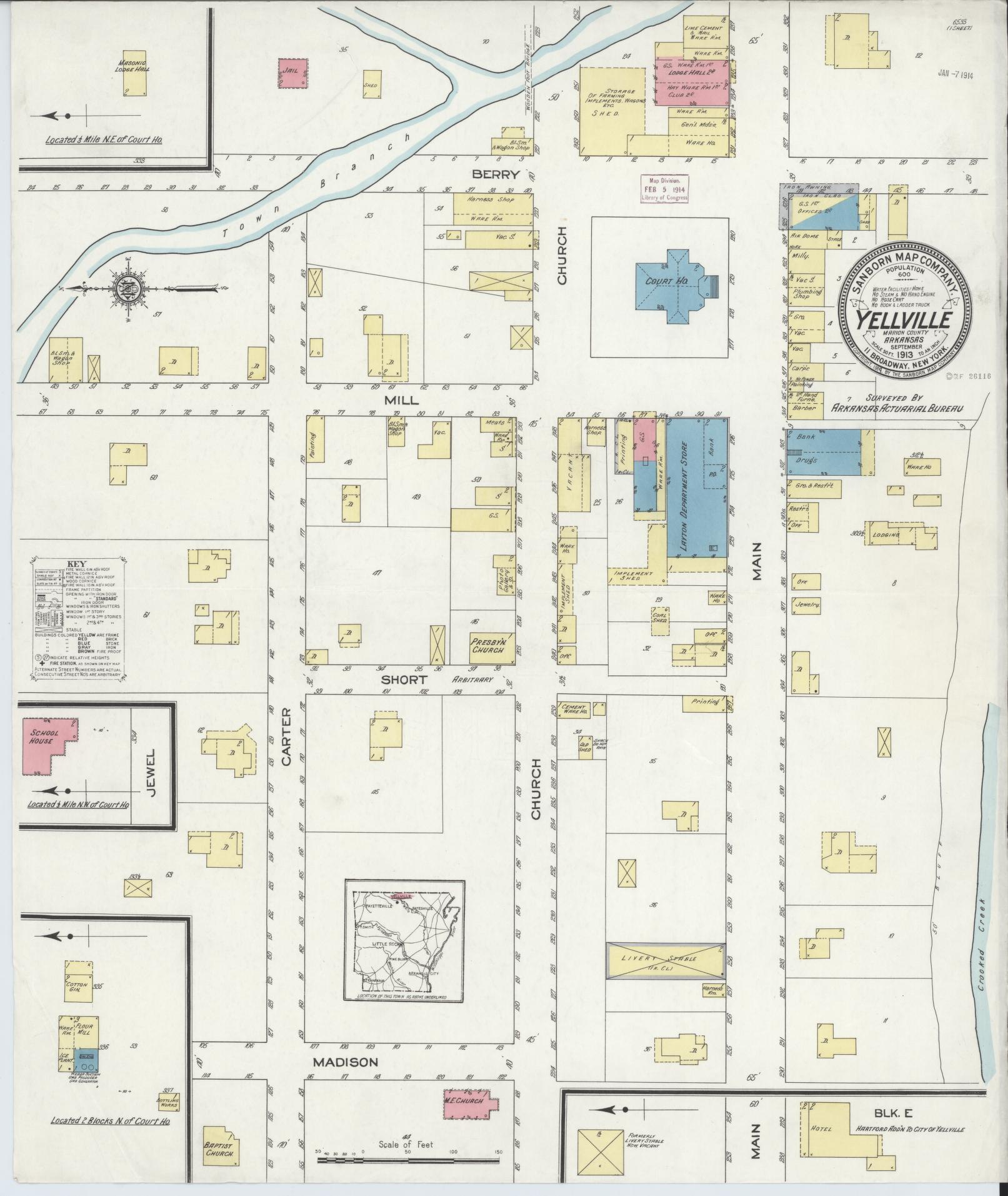 Sanborn Fire Insurance Map from Yellville, Marion County, Arkansas (1913), Sheet #0001 - Historic Sanborn Fire Insurance Map Print, vintage old map wall art, antique decor, genealogy gift, Arkansas Arkansas map