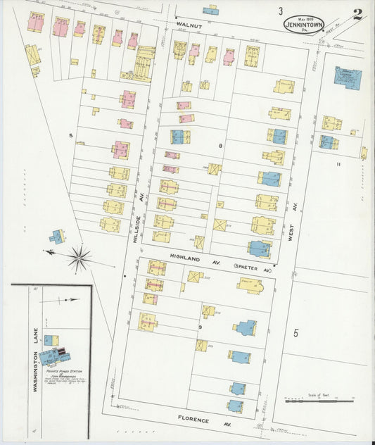 Sanborn Fire Insurance Map from Jenkintown, Montgomery County, Pennsylvania (1909), Sheet #0002 - Historic Sanborn Fire Insurance Map Print, vintage old map wall art, antique decor, genealogy gift, Pennsylvania Pennsylvania map