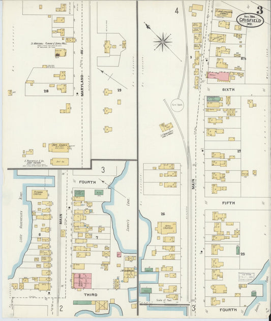Sanborn Fire Insurance Map from Crisfield, Somerset County, Maryland (1904), Sheet #0003 - Historic Sanborn Fire Insurance Map Print, vintage old map wall art, antique decor, genealogy gift, Maryland Maryland map