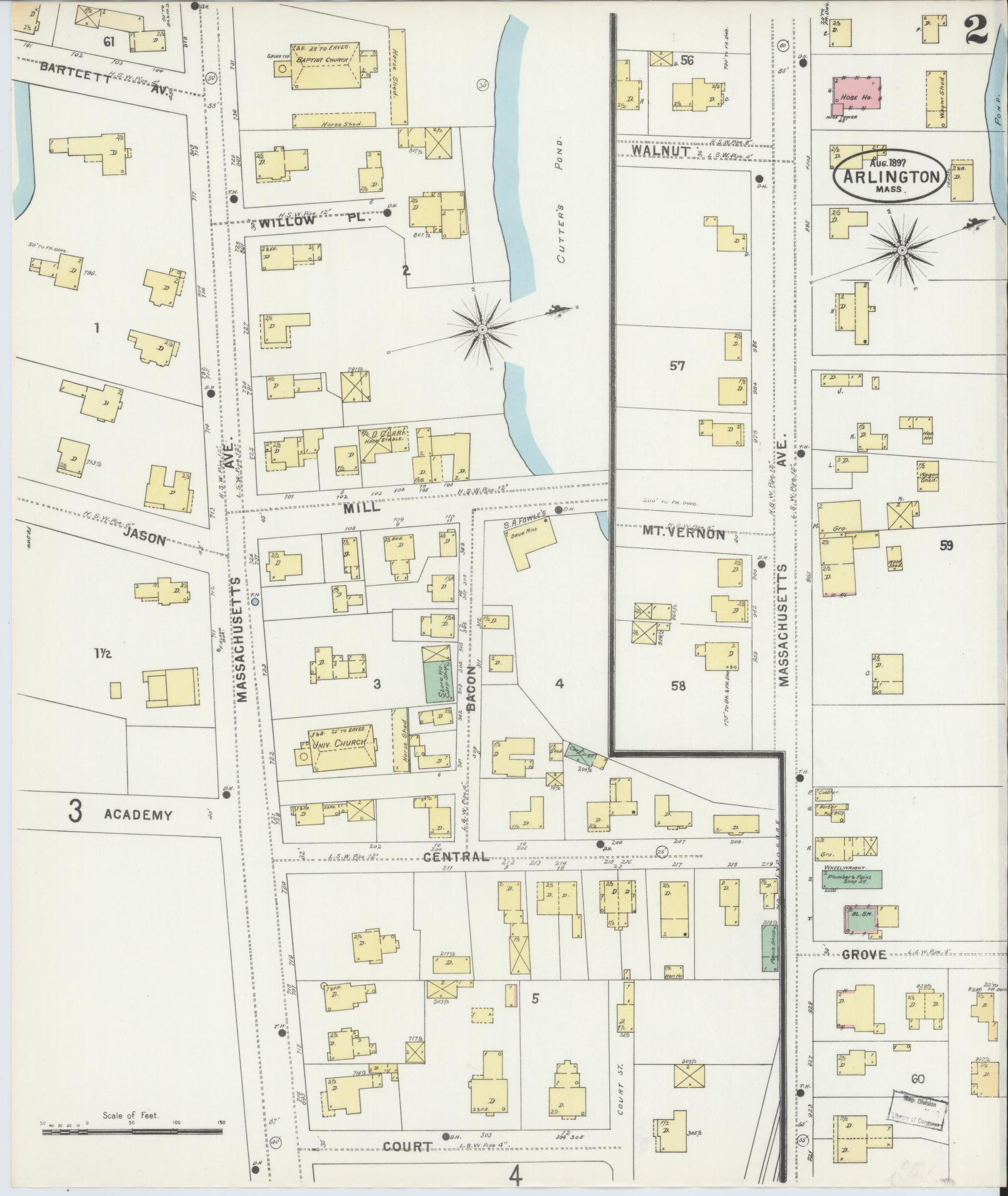 Sanborn Fire Insurance Map from Arlington, Middlesex County, Massachusetts (1897), Sheet #0002 - Historic Sanborn Fire Insurance Map Print, vintage old map wall art, antique decor, genealogy gift, Massachusetts Massachusetts map